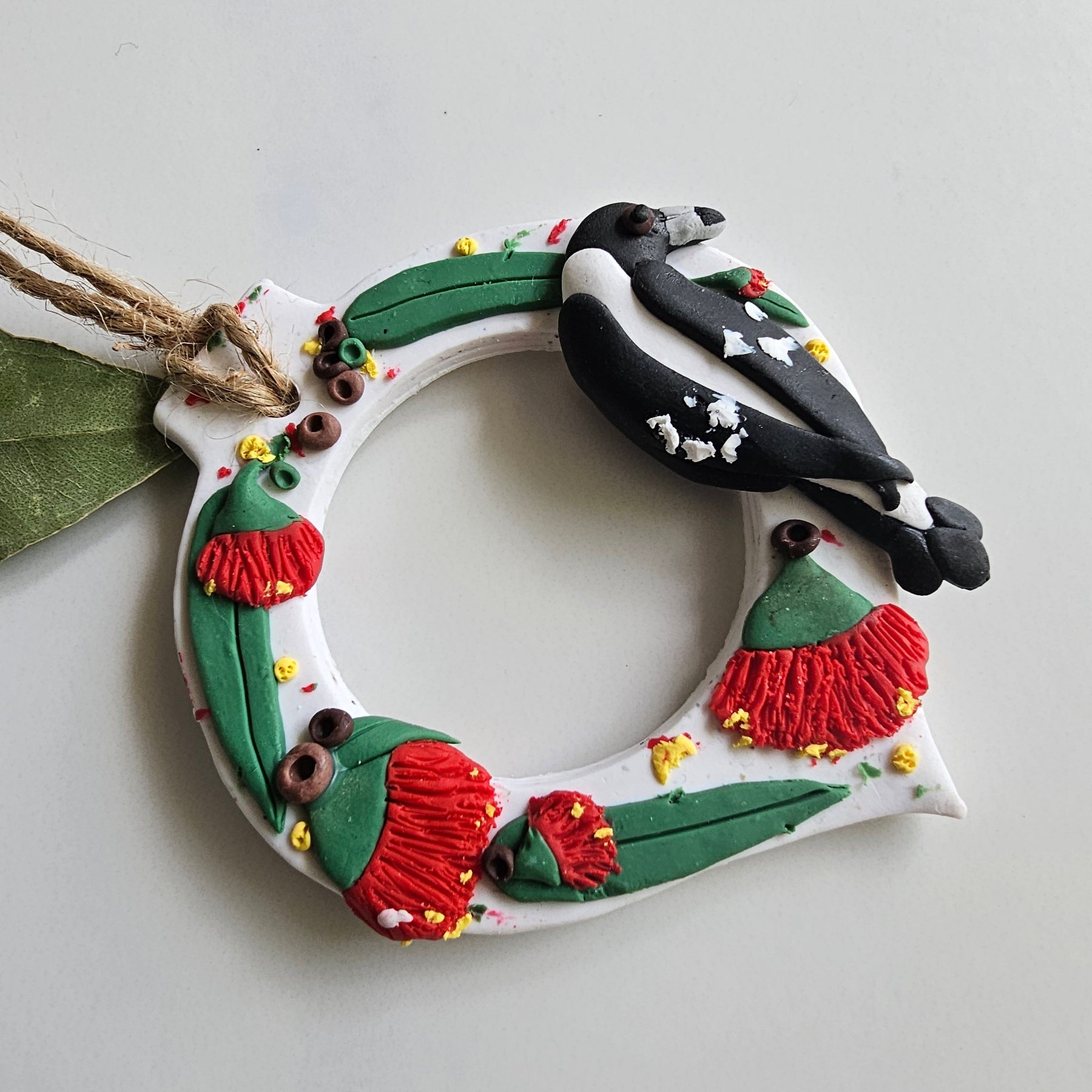Magpie Floral Ornament,Gumblossoms,Handmade, Polymer Clay.