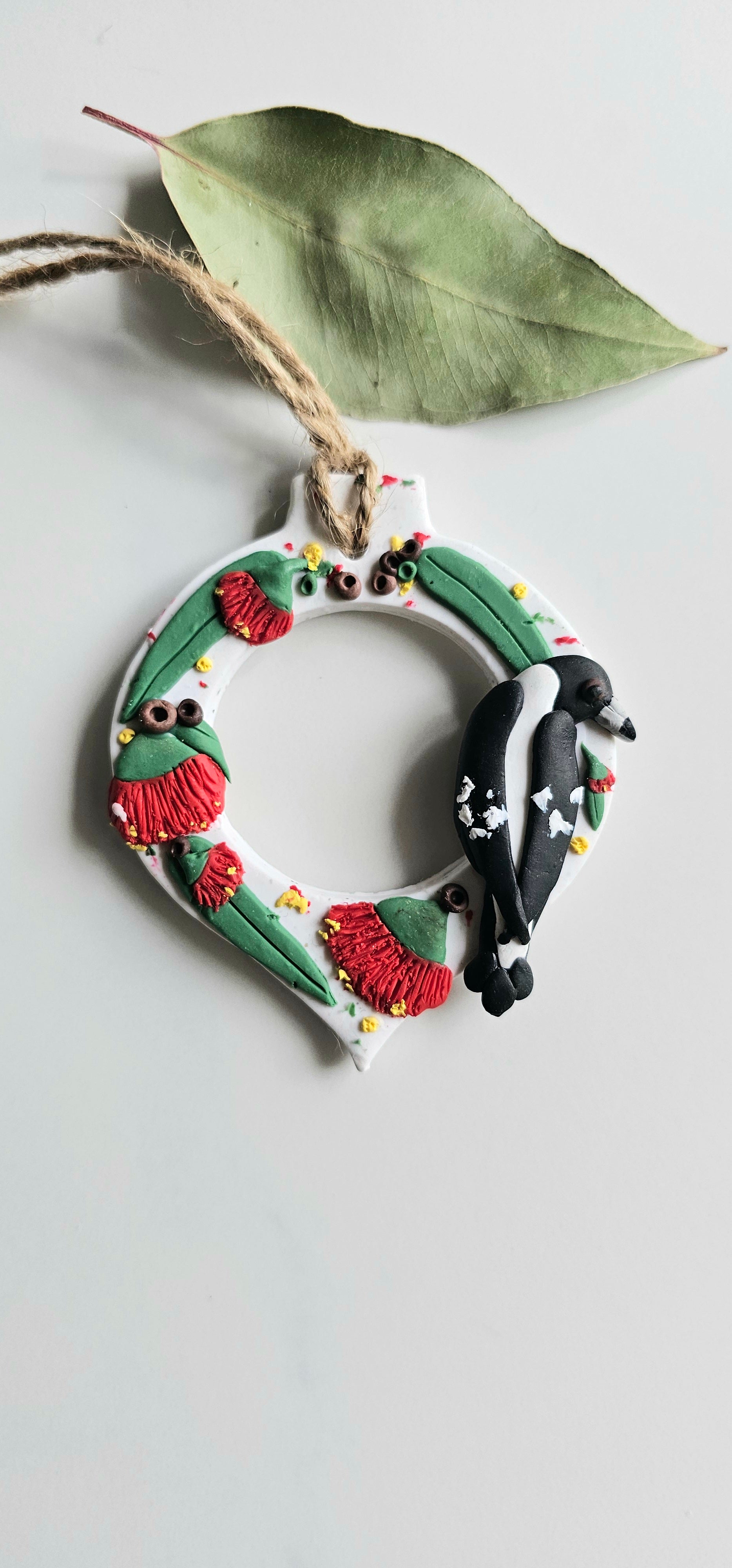 Magpie Floral Ornament,Gumblossoms,Handmade, Polymer Clay.