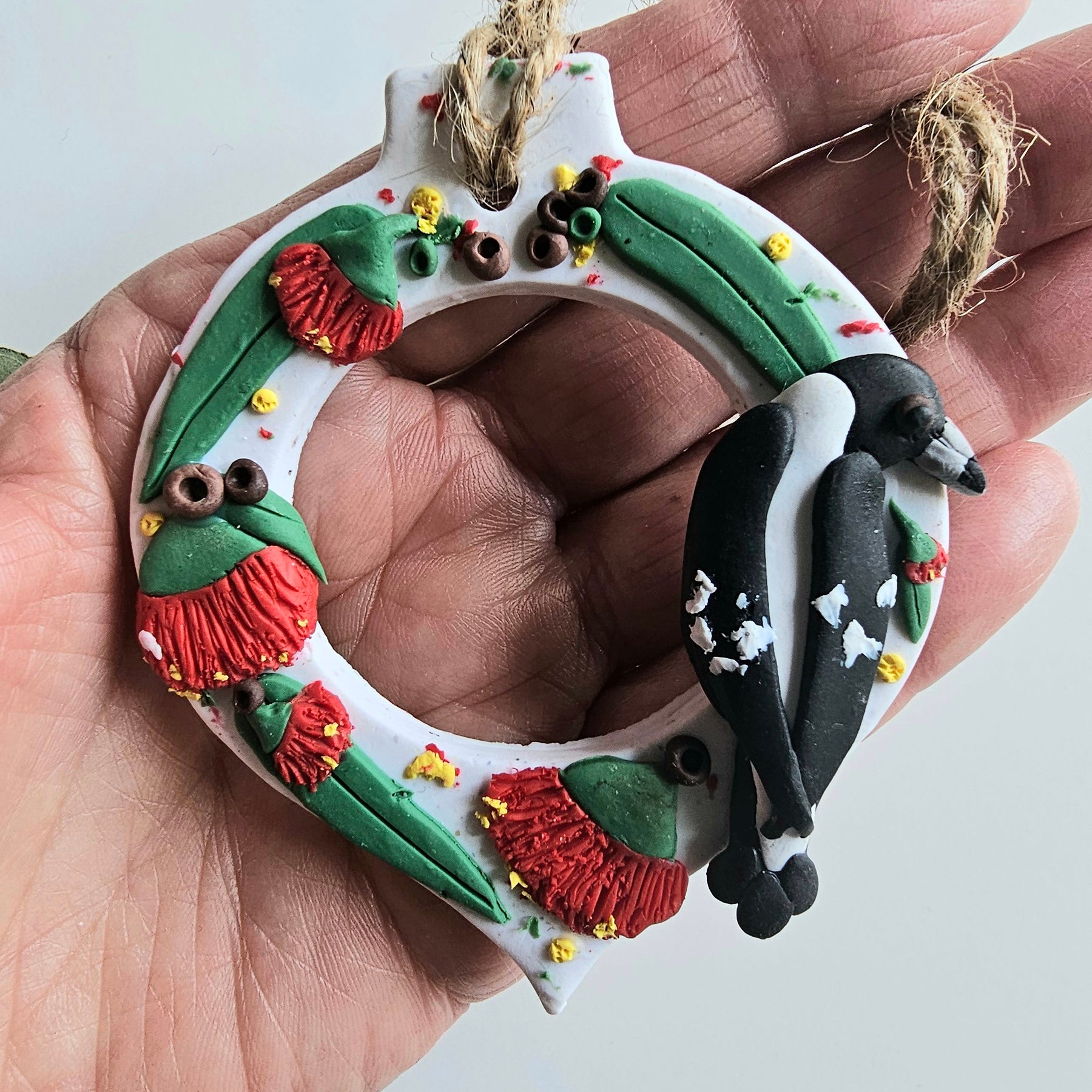 Magpie Floral Ornament,Gumblossoms,Handmade, Polymer Clay.