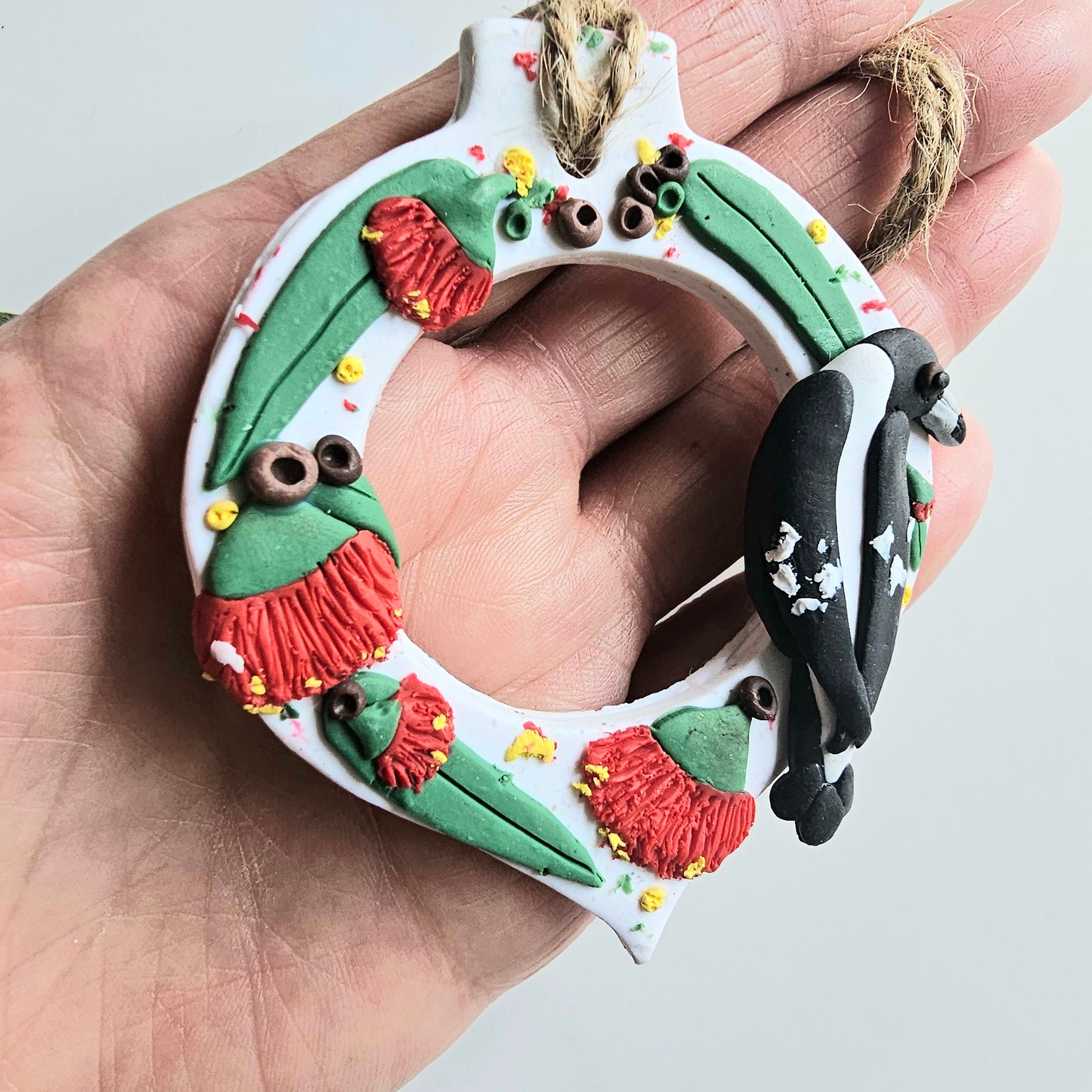 Magpie Floral Ornament,Gumblossoms,Handmade, Polymer Clay.