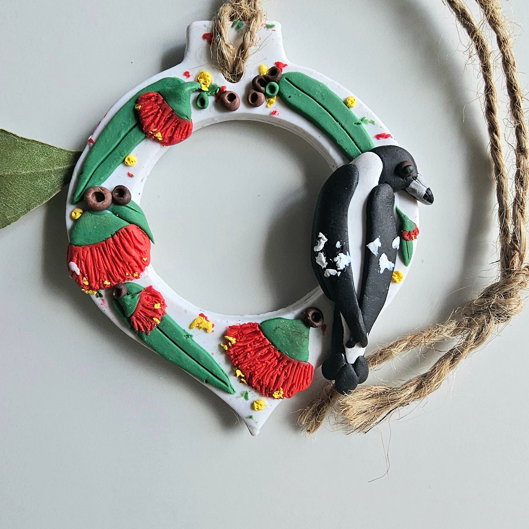 Magpie Floral Ornament,Gumblossoms,Handmade, Polymer Clay.