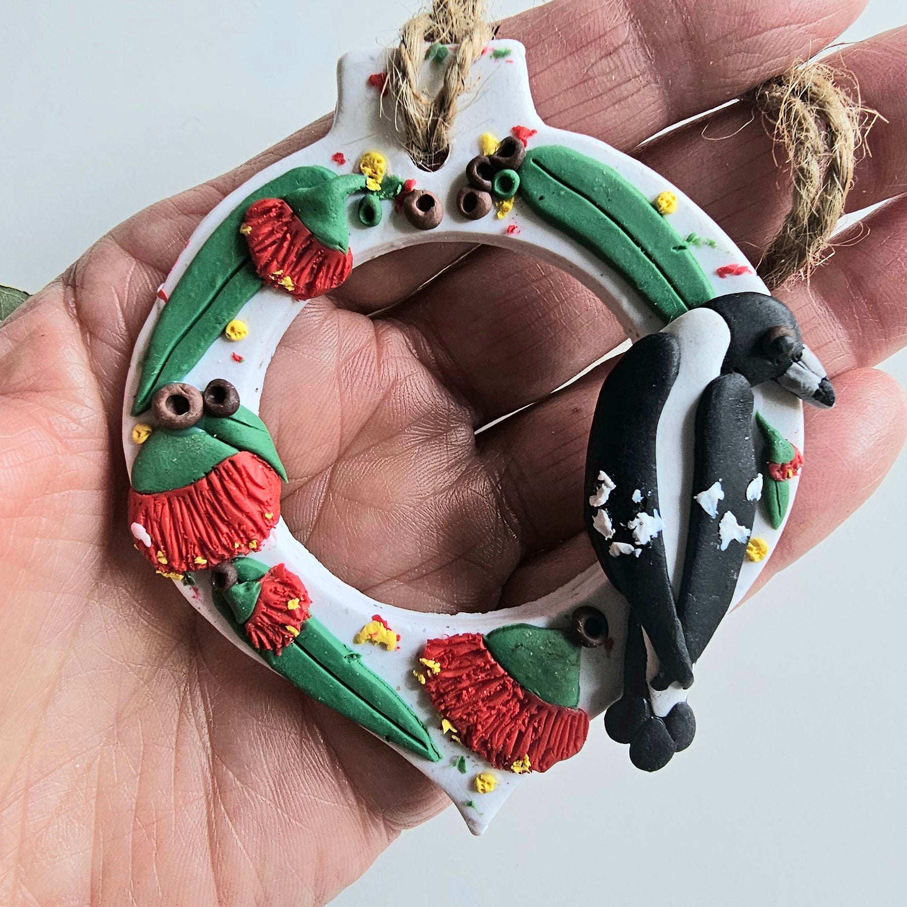 Magpie Floral Ornament,Gumblossoms,Handmade, Polymer Clay.