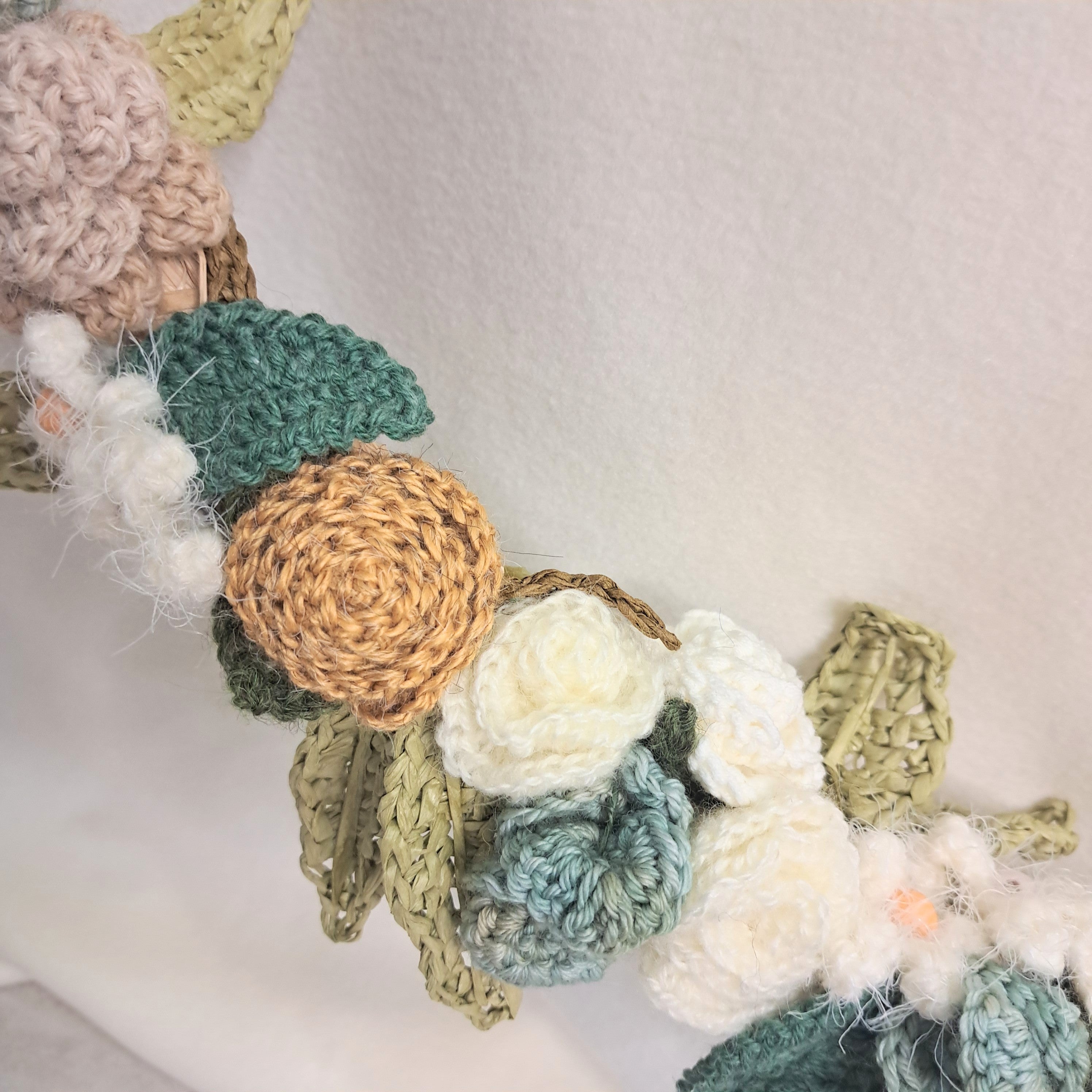 Handmade crochet Wedding Garland, roses, eucalyptus on raffia