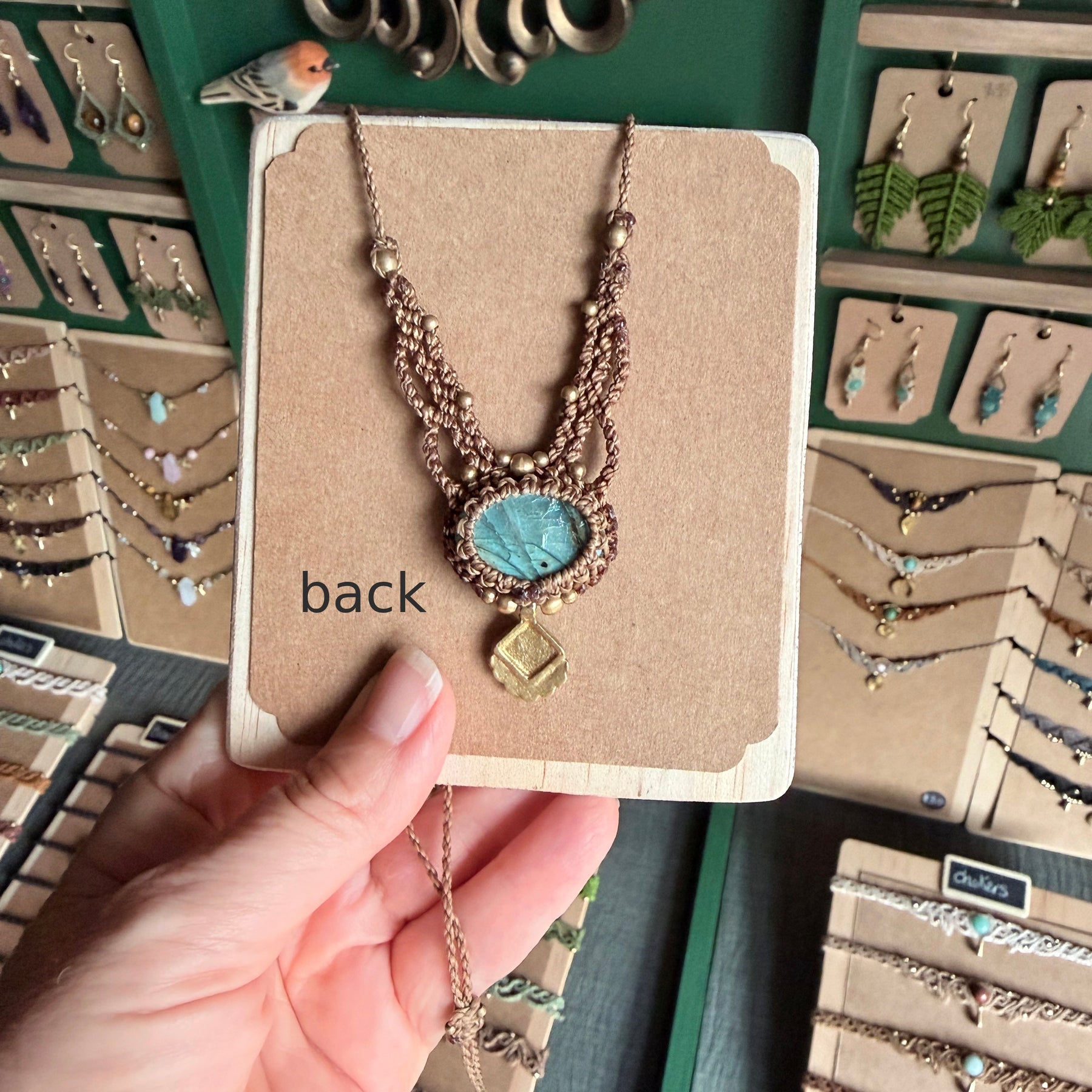 Macrame Oblong Labradorite Necklace with Brass Charm