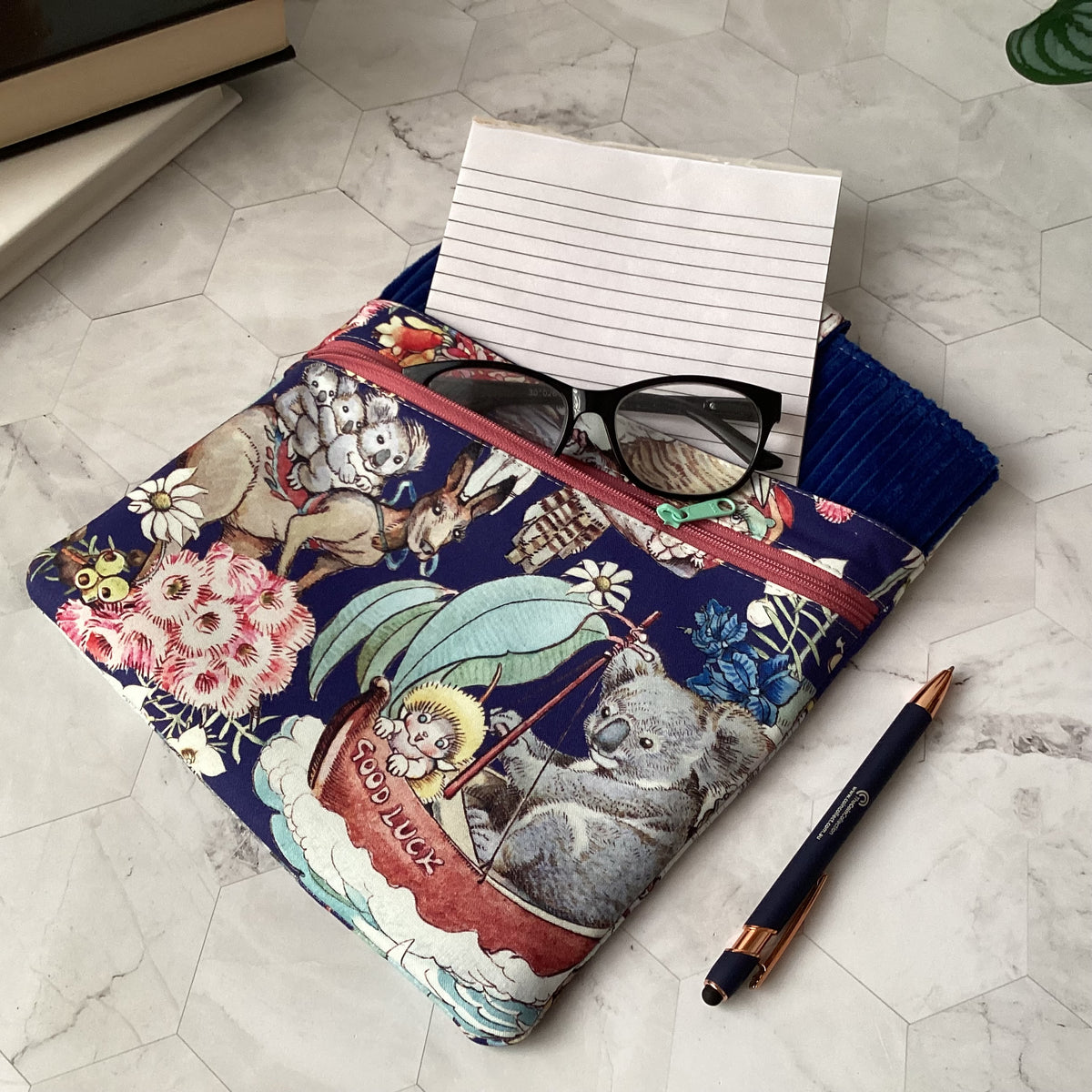 May Gibbs Gumnut Adventures fabric book sleeve with 2 pockets. iPad, tablet pouch