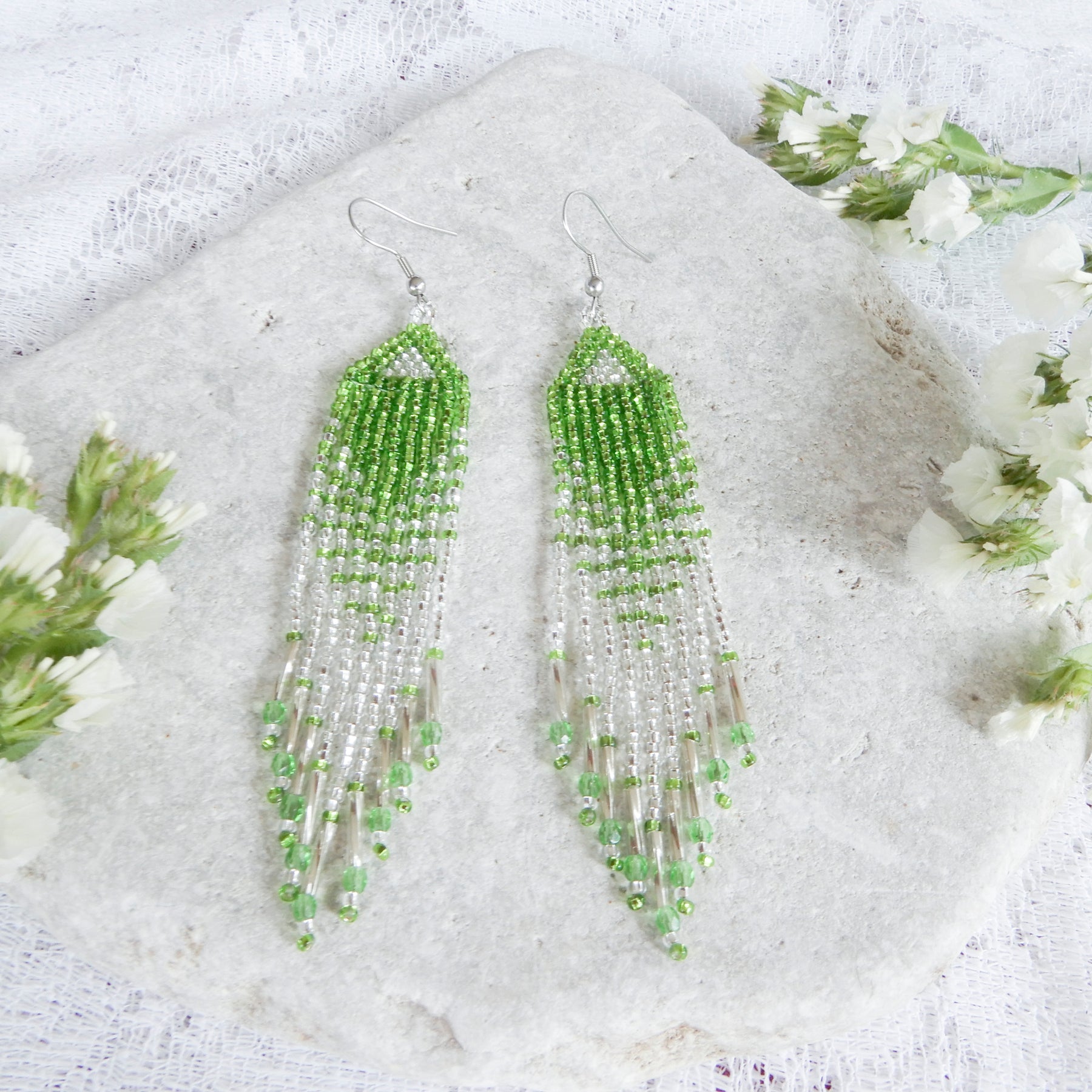 Green & Silver Beaded Fringe Earrings