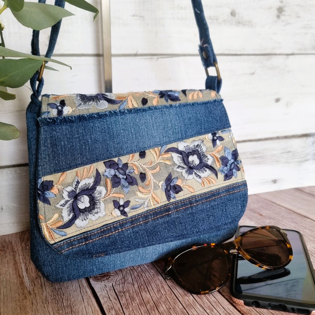 Upcycled small messenger bag - denim & sari border