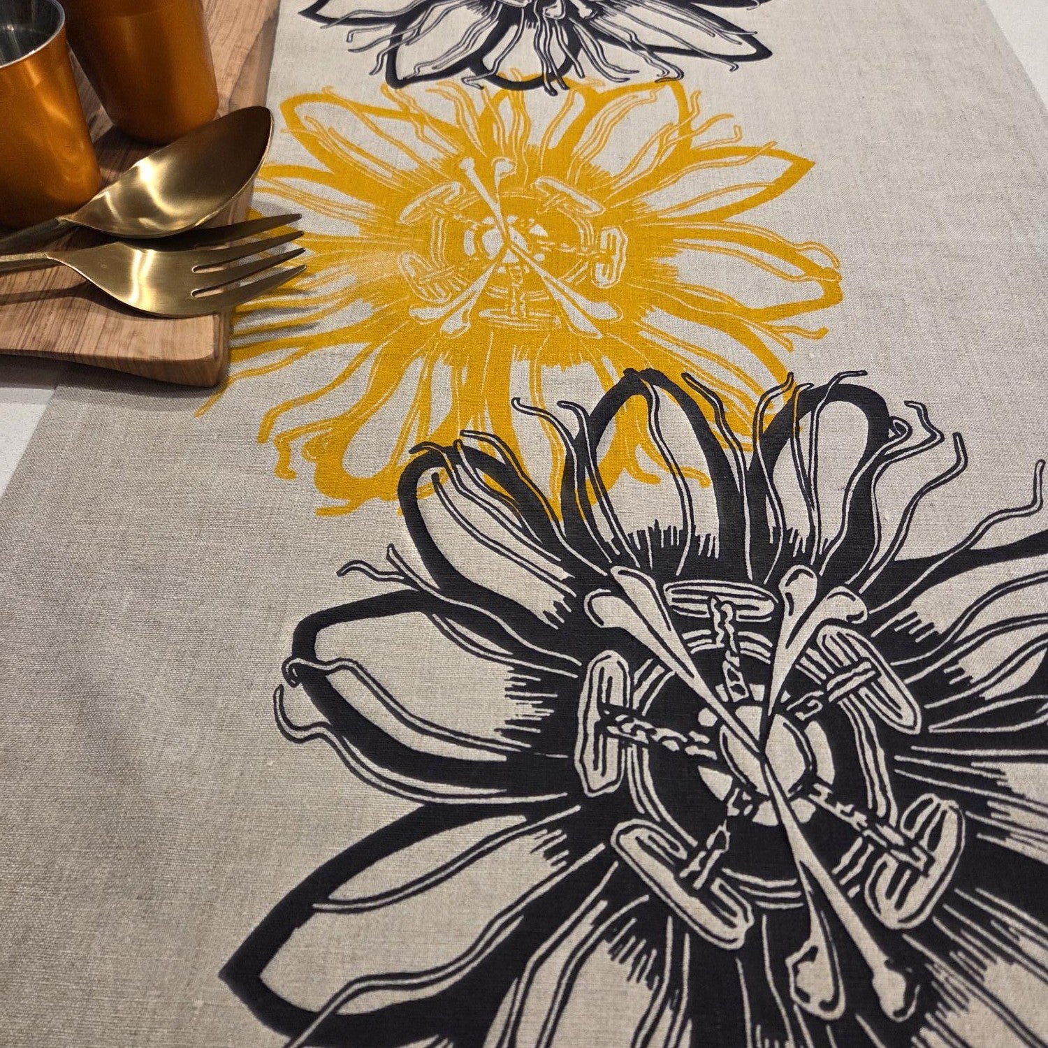 Hand Screenprinted Linen Table Runners- Passionflower