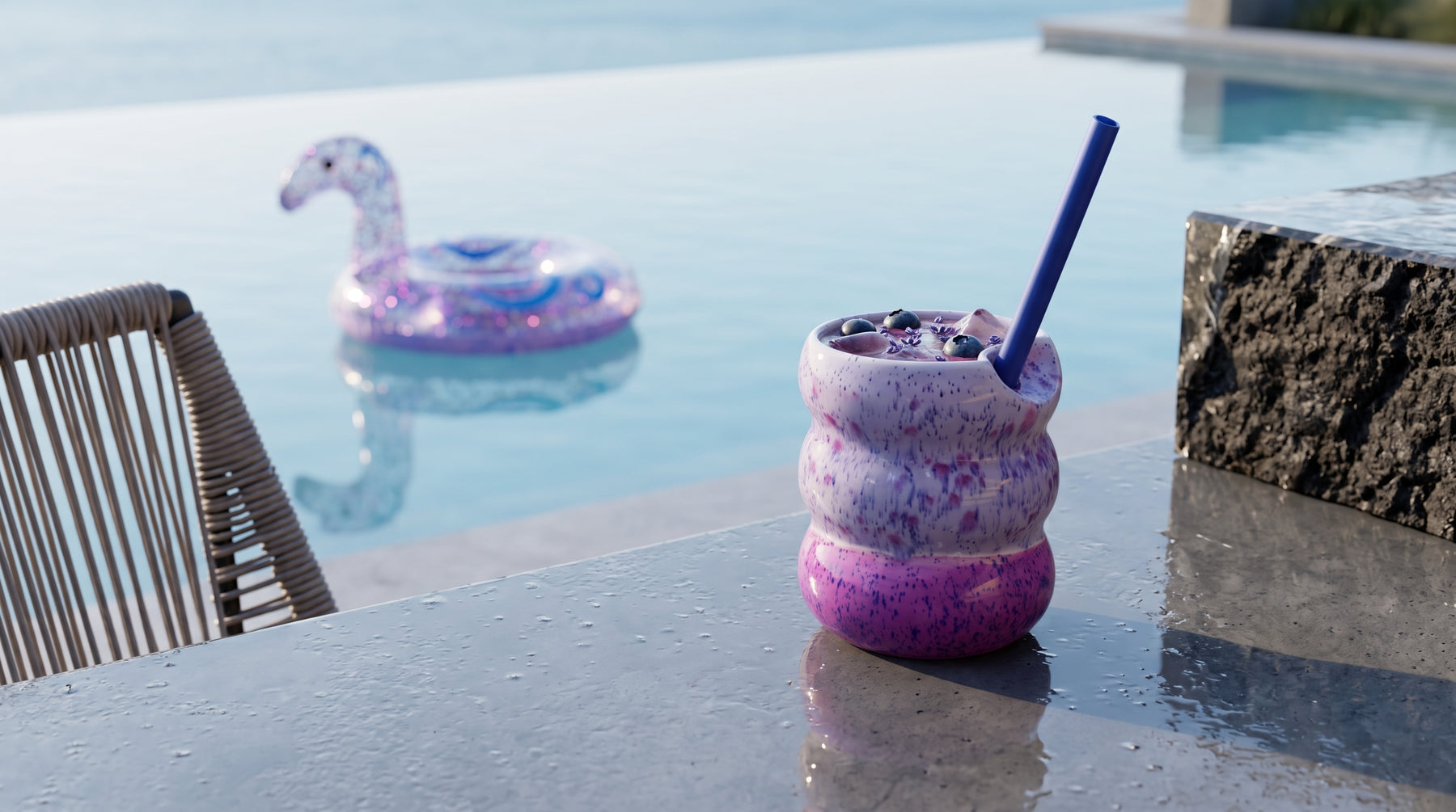 Handcrafted Porcelain Tumbler with Silicon Straw, 600mL Bubble Cup in Blueberry Smoothie Glaze