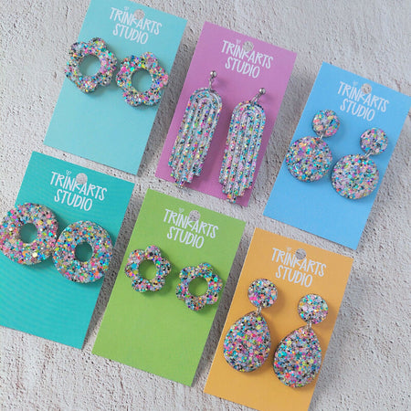 Pastel Glitter Resin Statement Dangle Stud Earrings