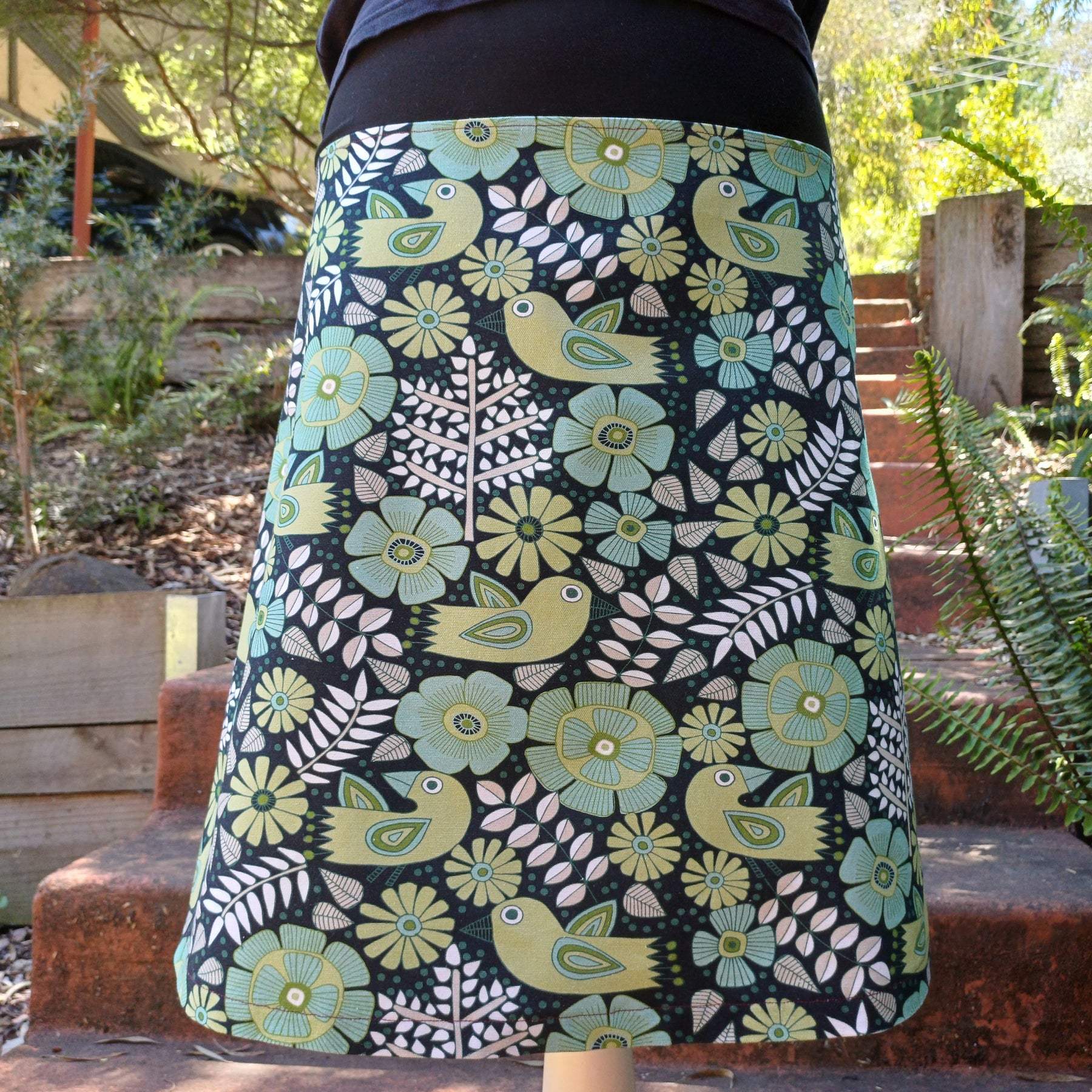 Bird Skirt in Green and Blue with Denim