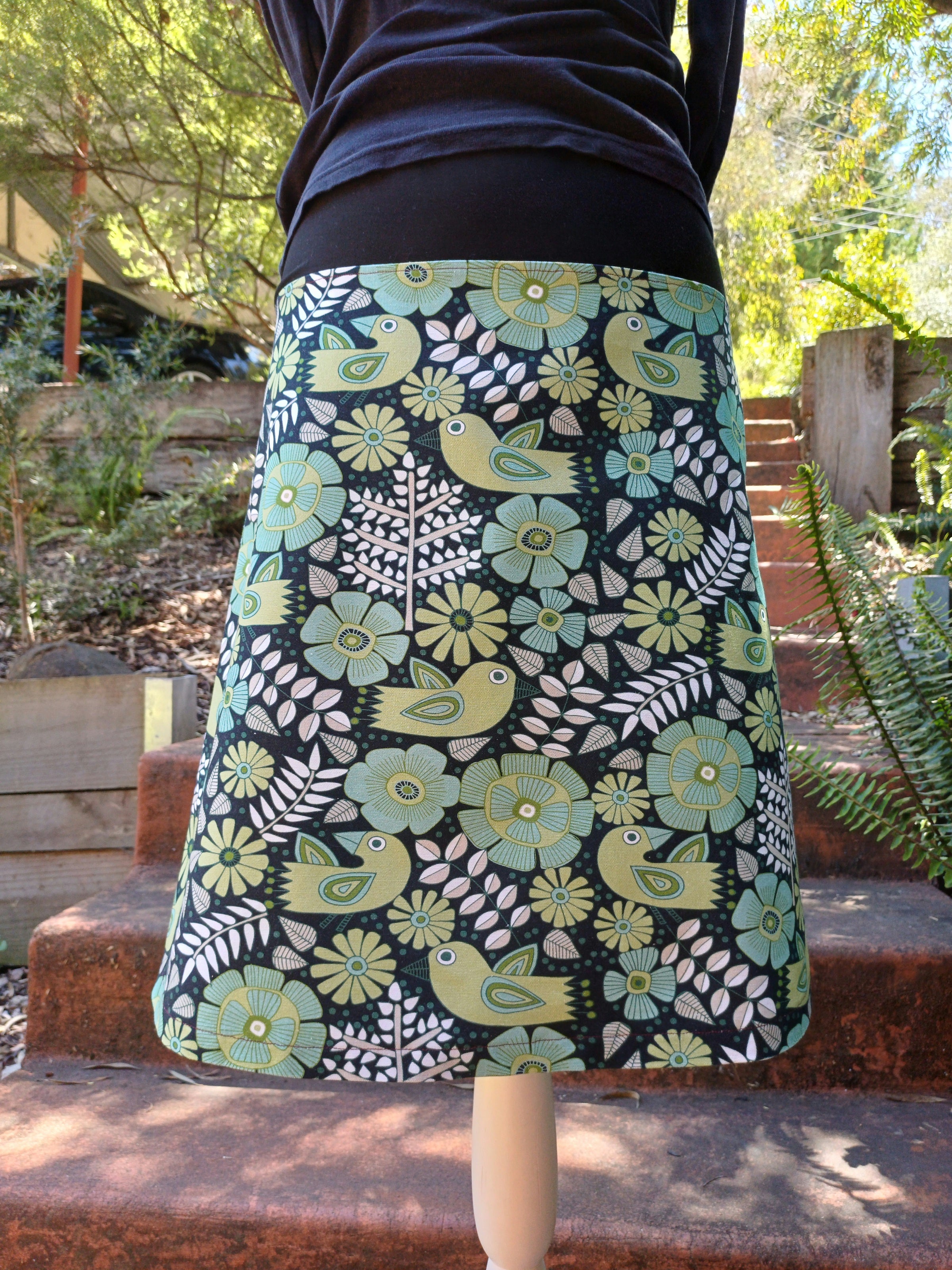 Bird Skirt in Green and Blue with Denim