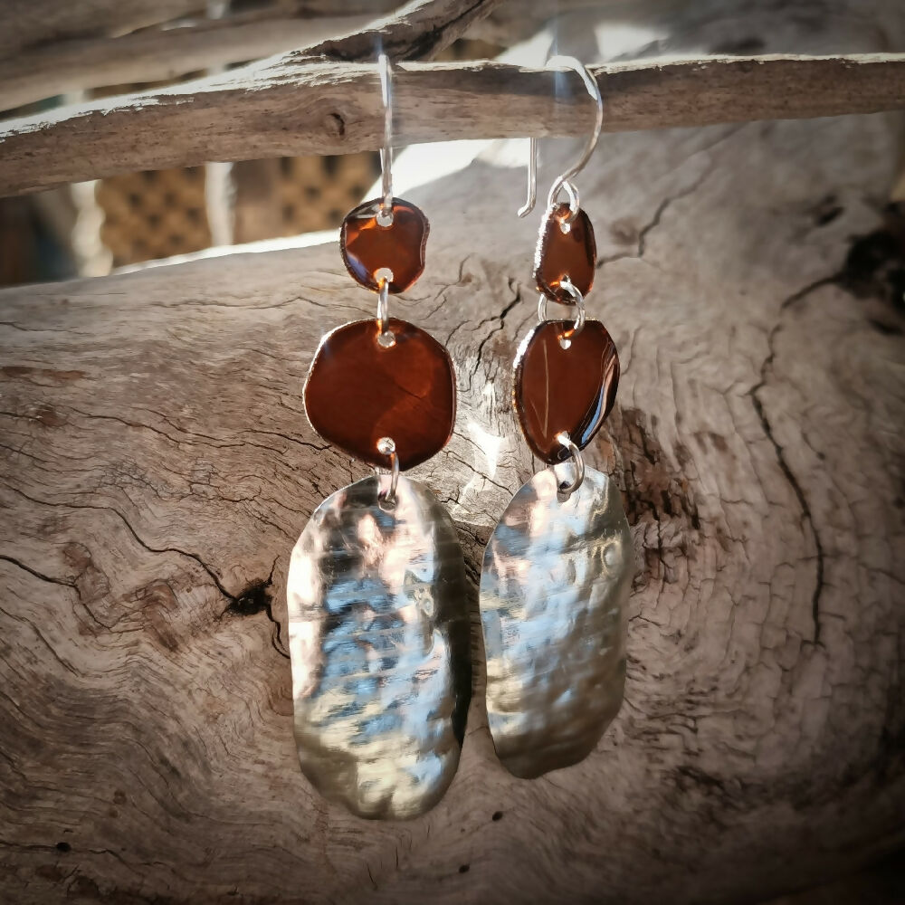 Trash to Treasure Upcycled Mix Earrings - Ovals - silver brown