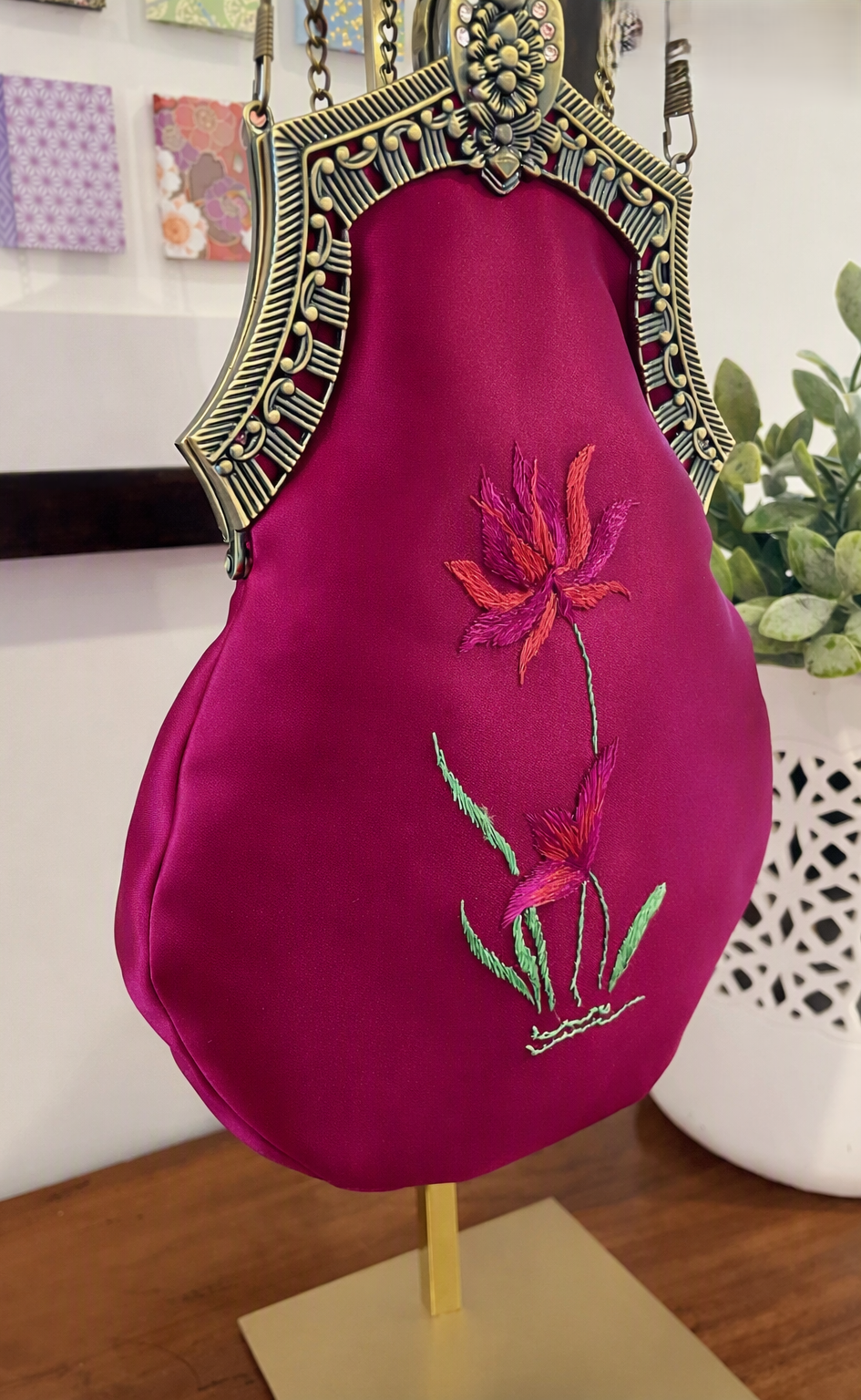Reclaimed Plum Satin Handbag with Brass Clasp and Embroidery