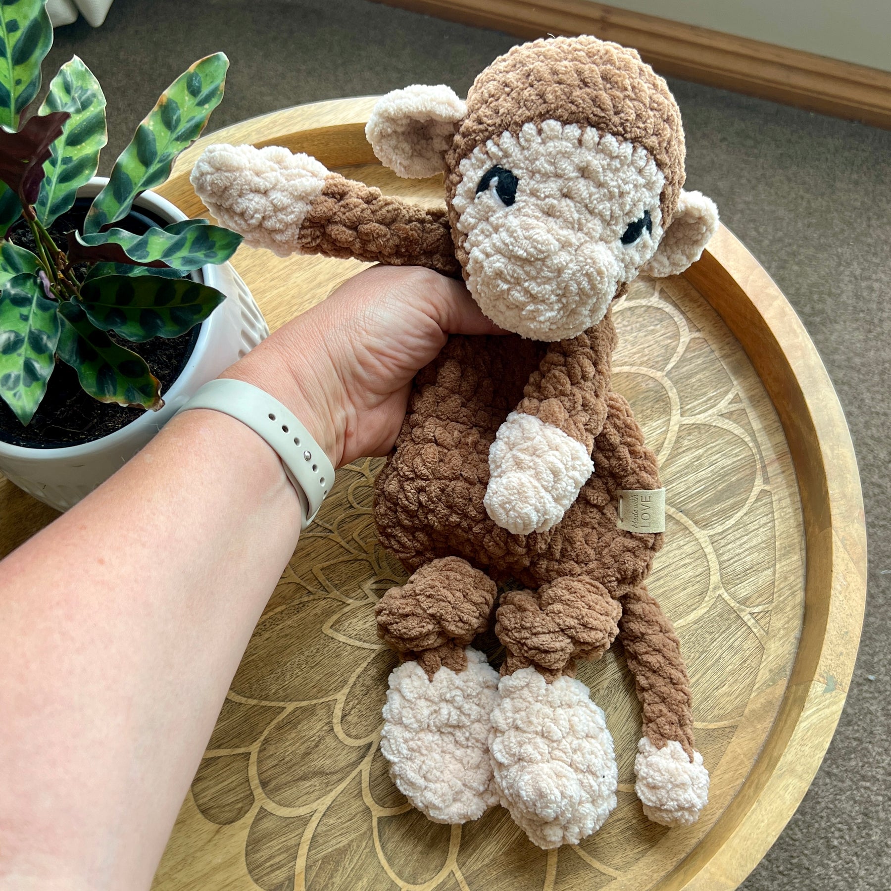 Handmade modern crochet toy monkey lovey snuggler.
