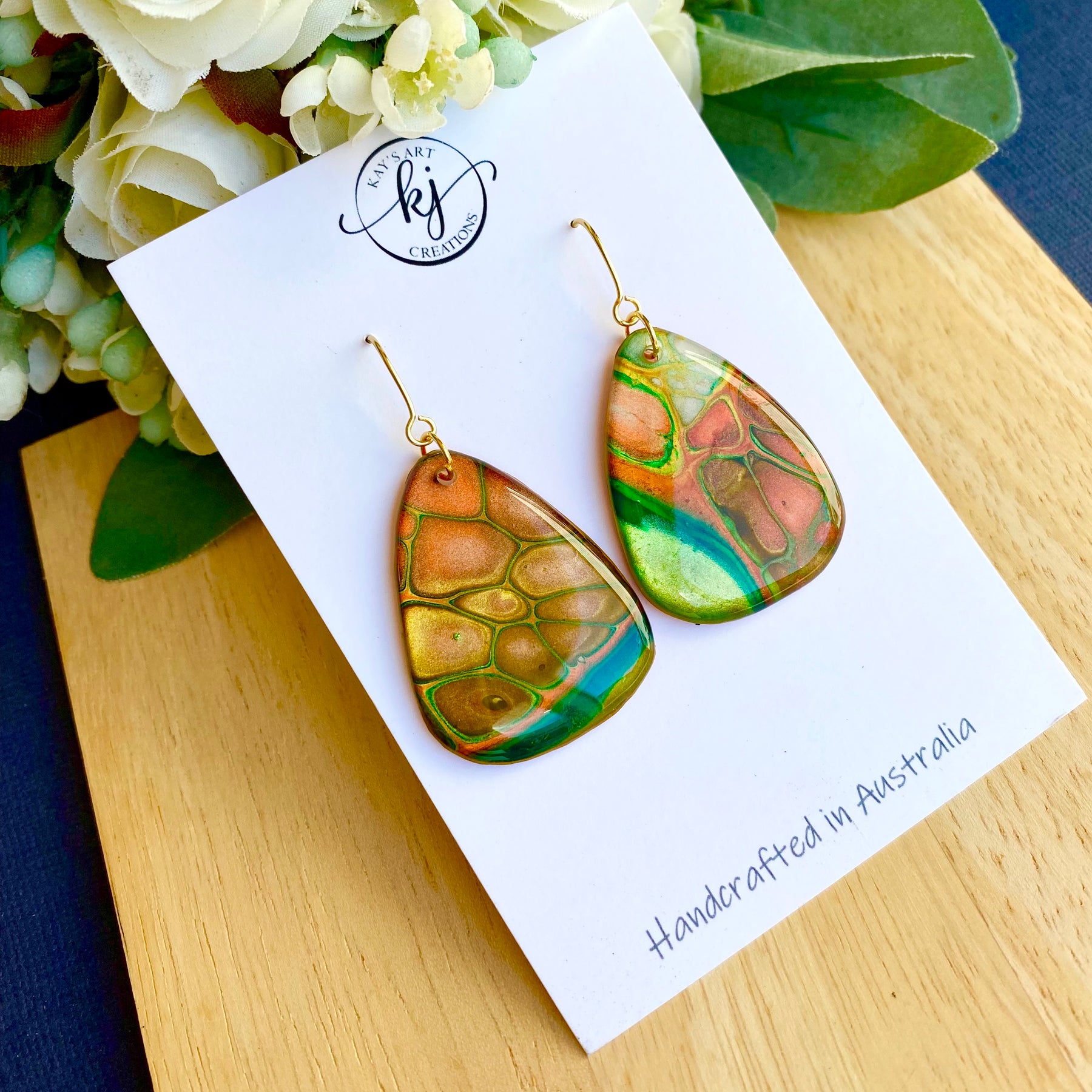 Rich Emerald, Copper and Gold Art Earrings