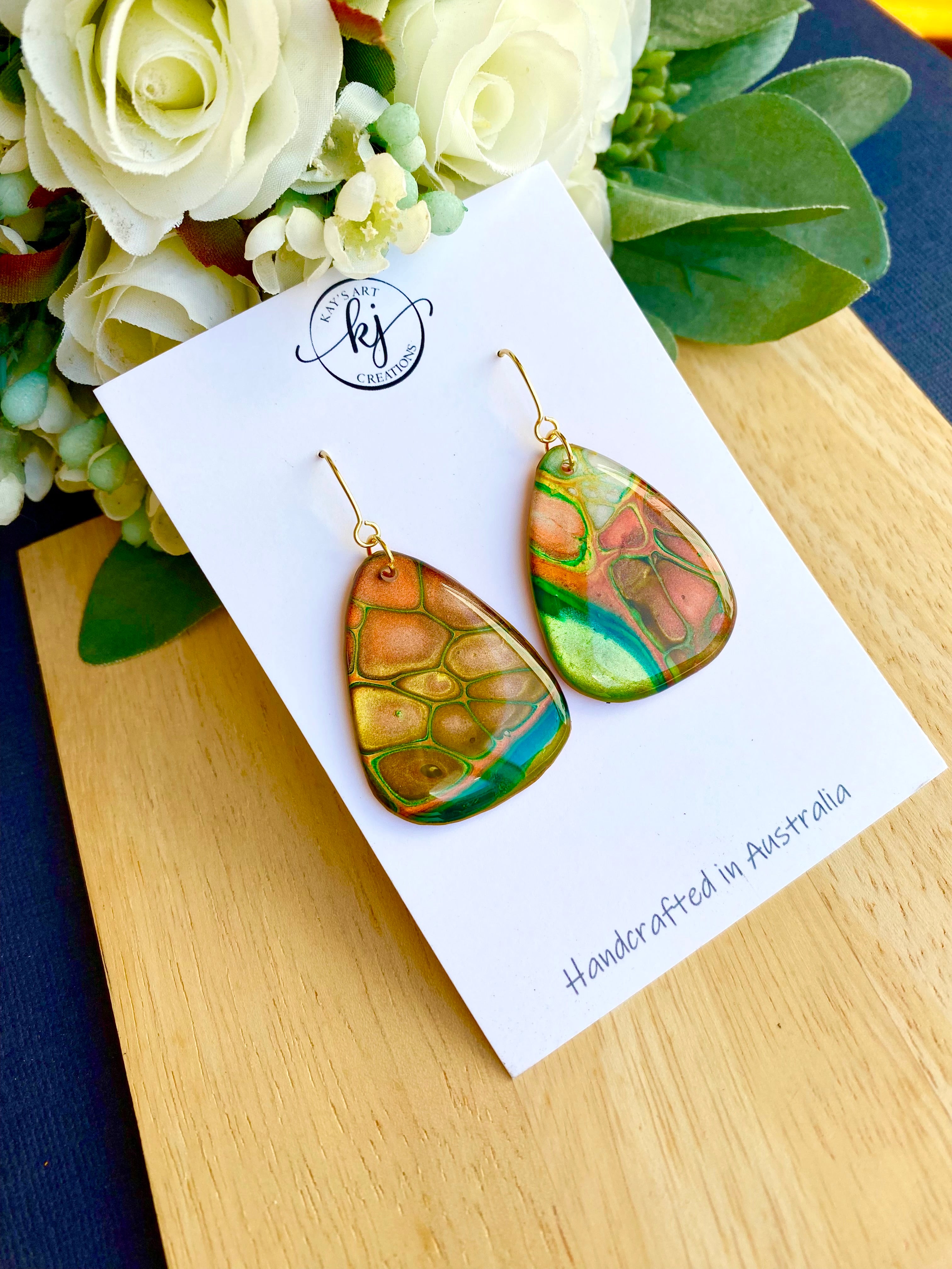 Rich Emerald, Copper and Gold Art Earrings