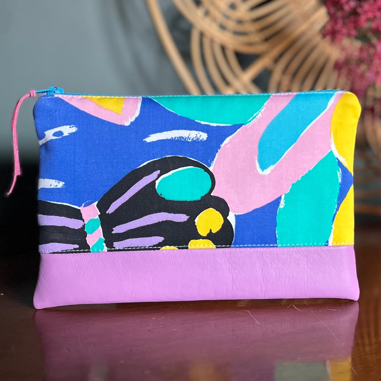 Colourful, repurposed vintage fabric zip POUCH with leather