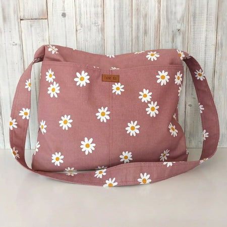 Antique Pink Daisies canvas divided pockets shoulder bag - Handmade bag