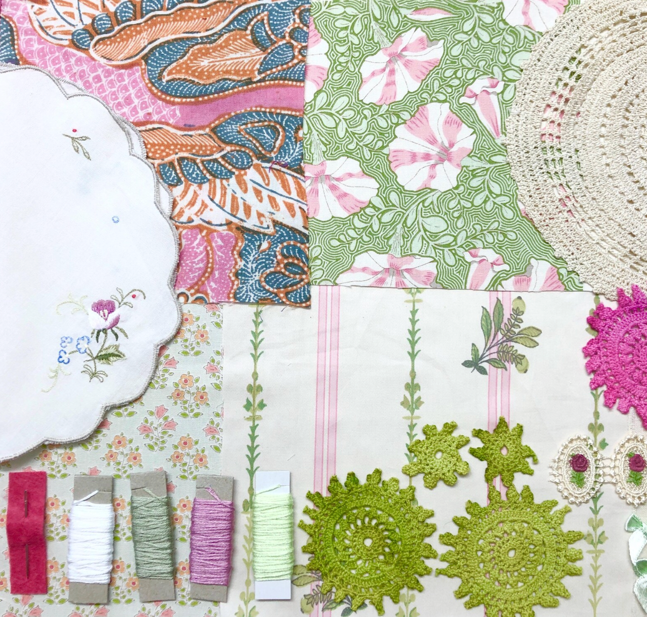 Slow Stitching Kit, Fabric Bundle - Delicate Doily Vintage