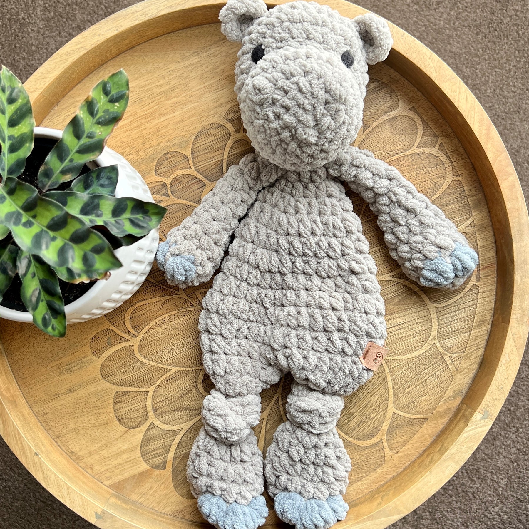 Handmade modern crochet Hippo lovey toy snuggler plushie.