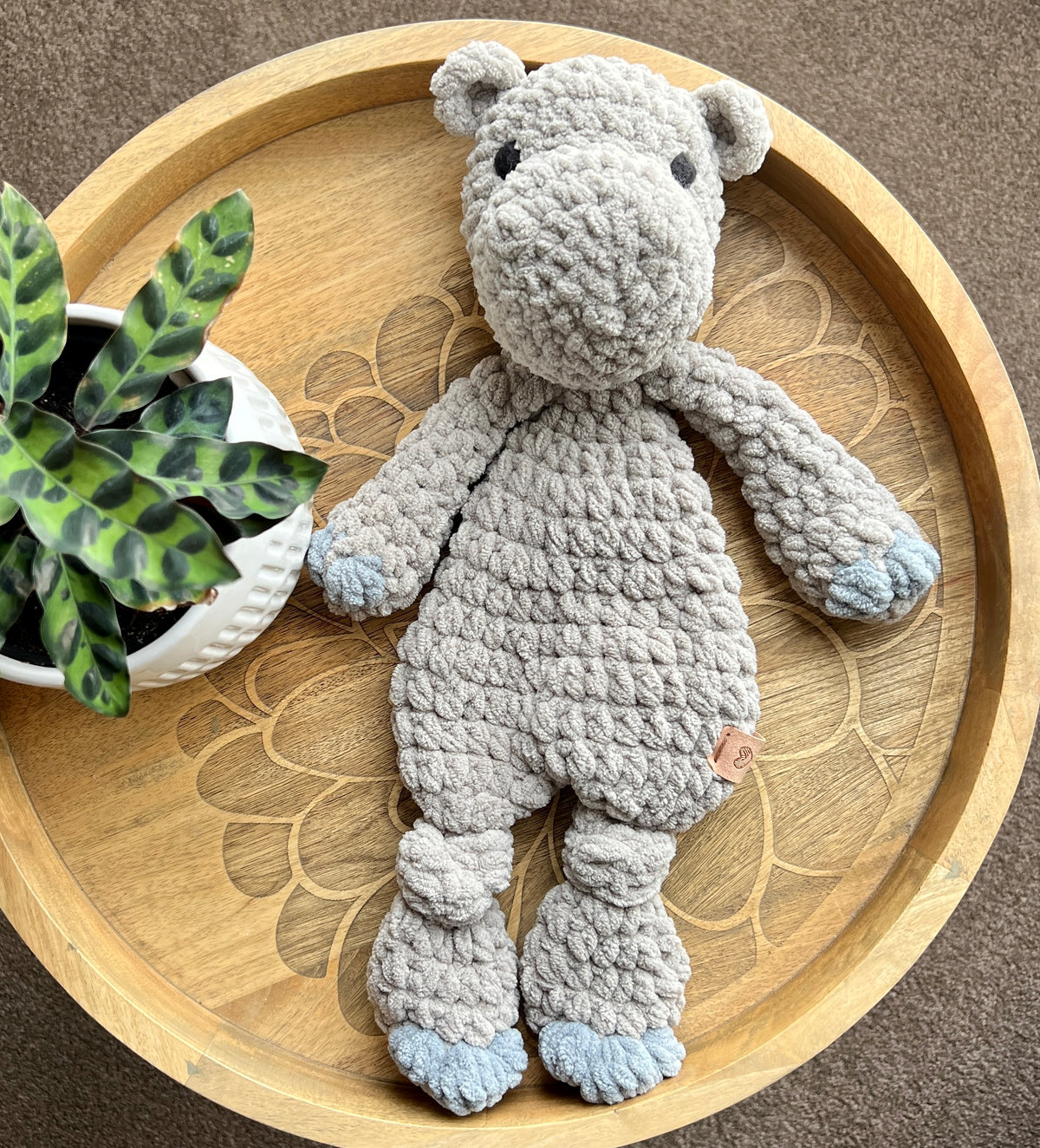 Handmade modern crochet Hippo lovey toy snuggler plushie.