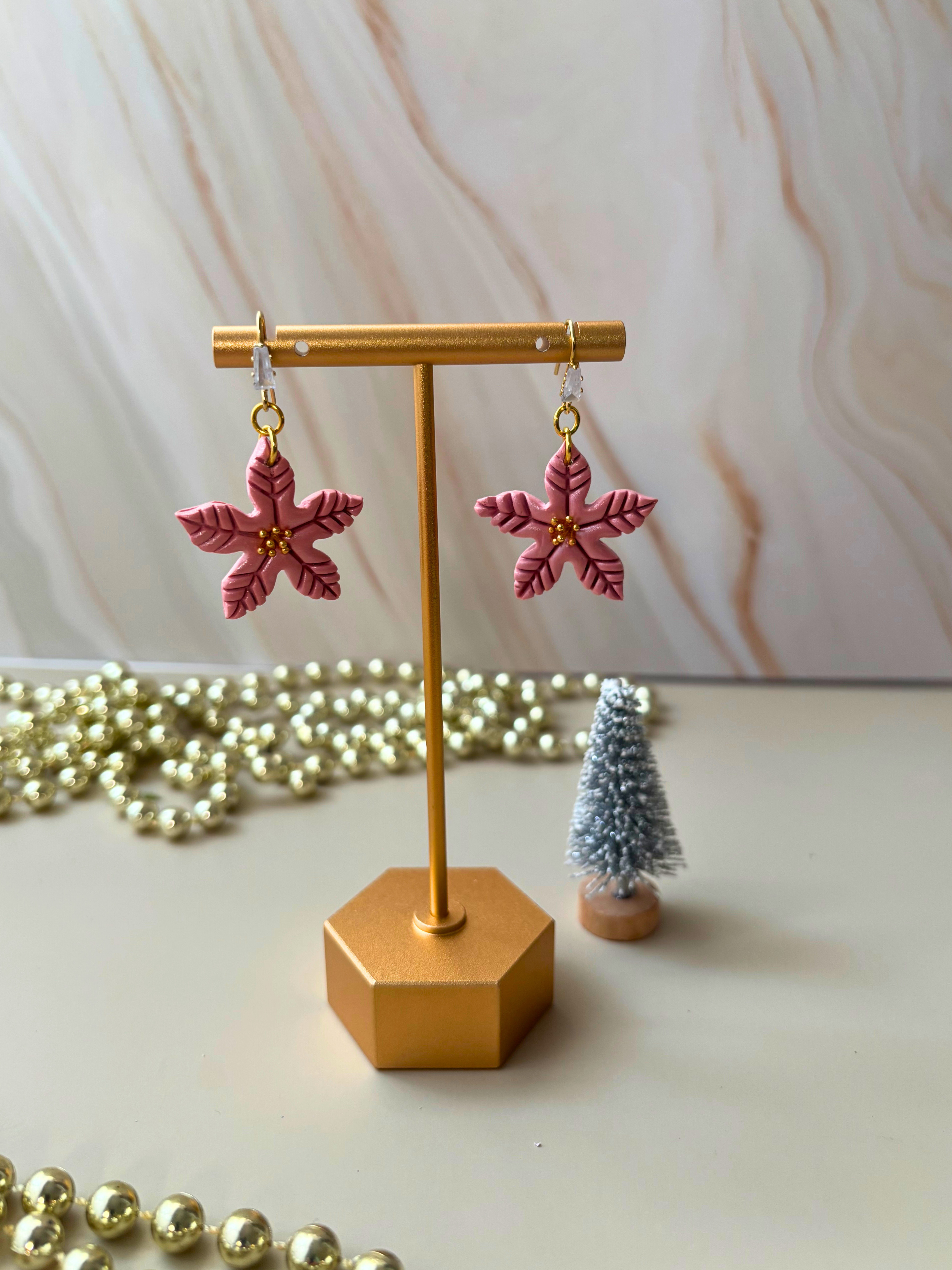 Pastel Poinsettia Dangle Earrings – Handmade Polymer Clay Jewellery