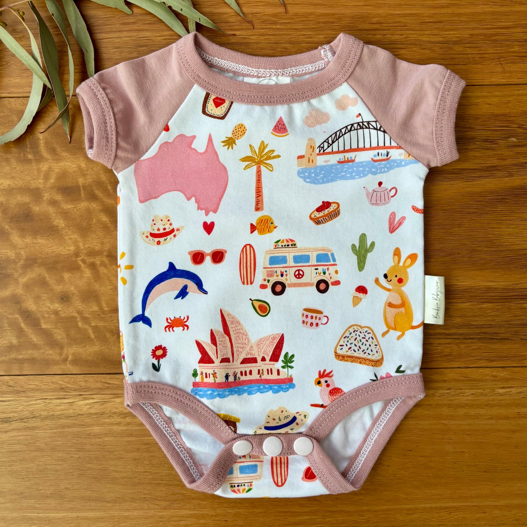 Baby Short Sleeved Bodysuit | Pink Aussie All Over | Size premmie to 2 | Made to order