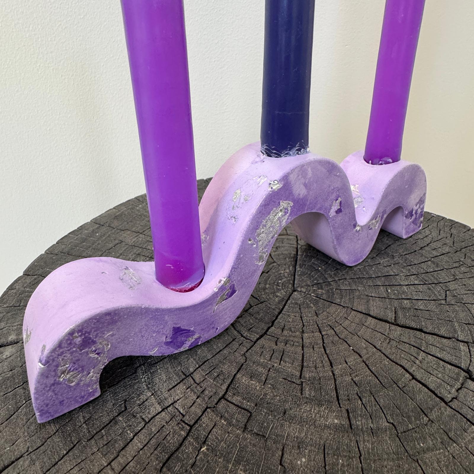 Lilac and silver wave concrete holder for 3 taper candles