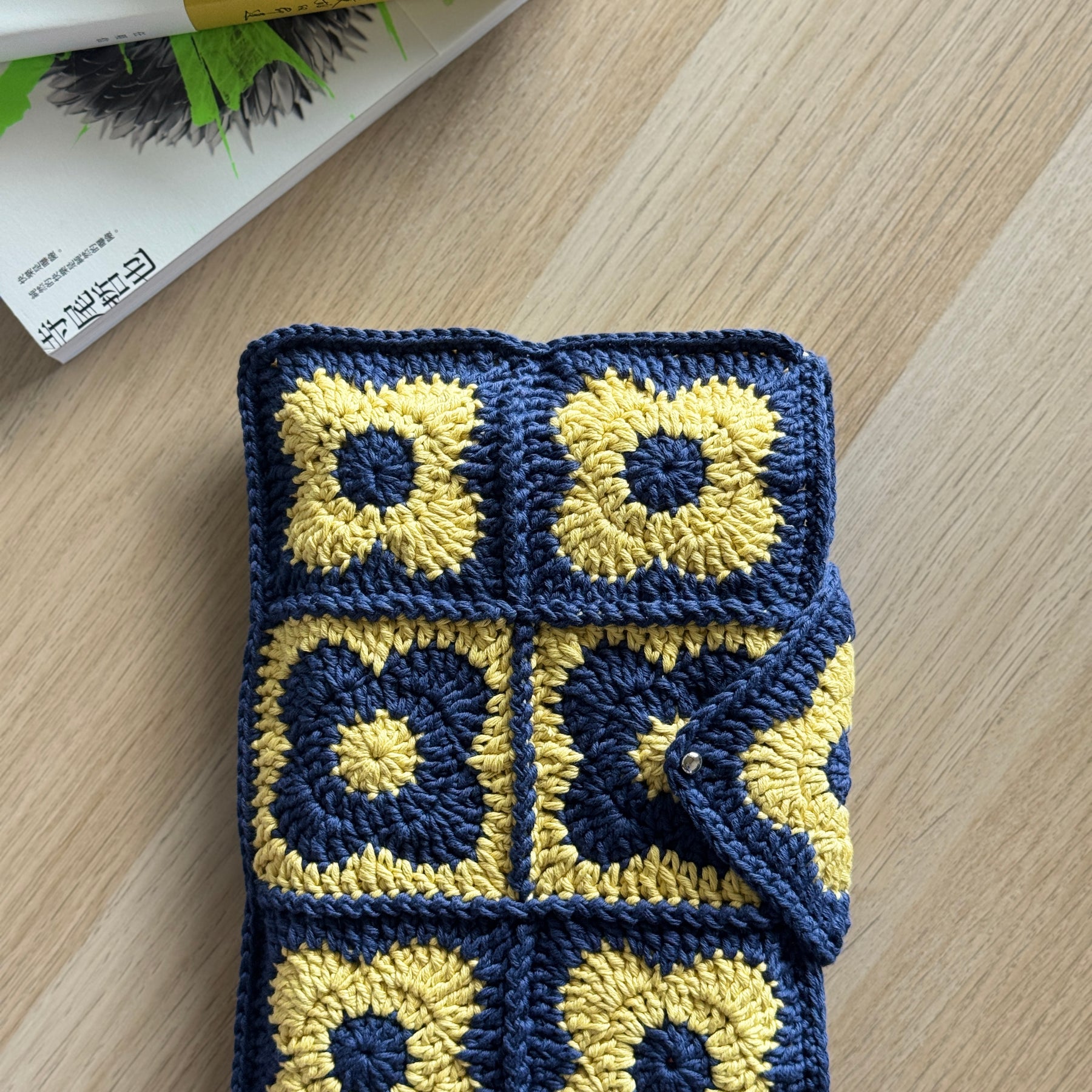 Book Sleeve | Handmade Crochet Book Accessary | Flower Navy x Citrus Ver. Cotton Yarn