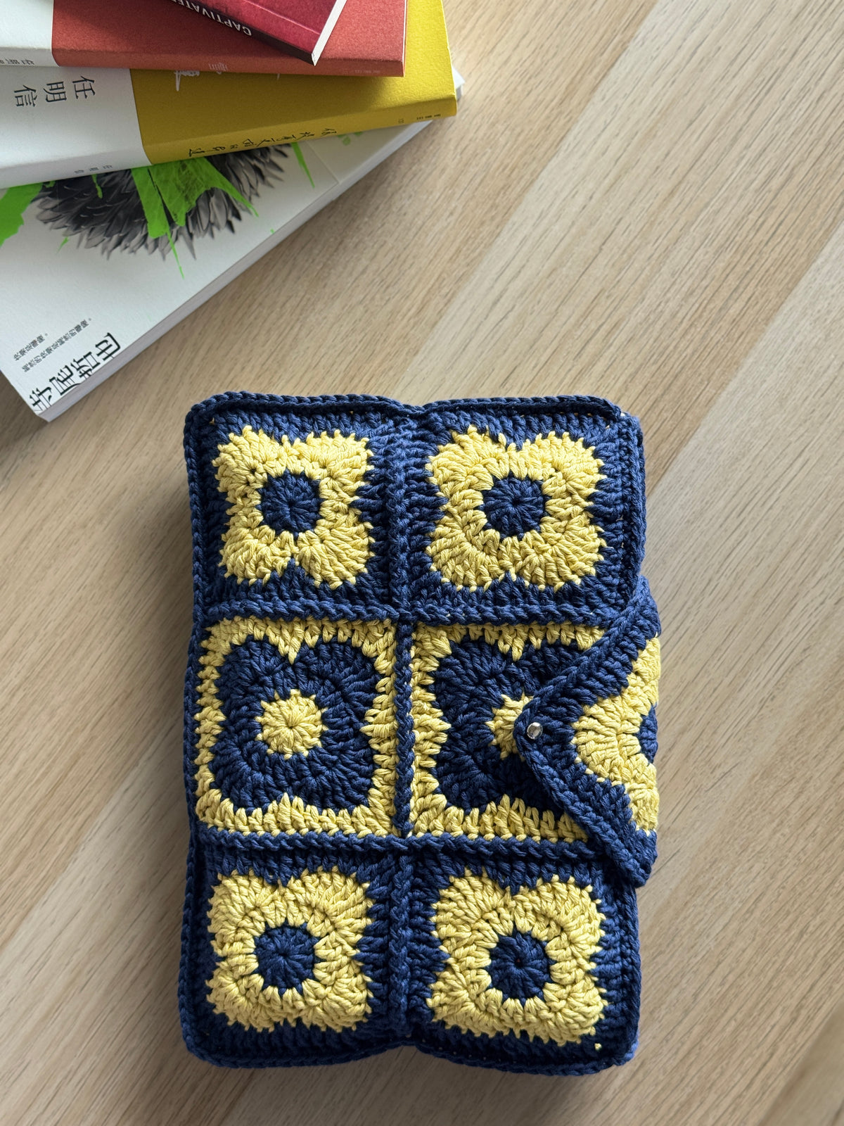 Book Sleeve | Handmade Crochet Book Accessary | Flower Navy x Citrus Ver. Cotton Yarn