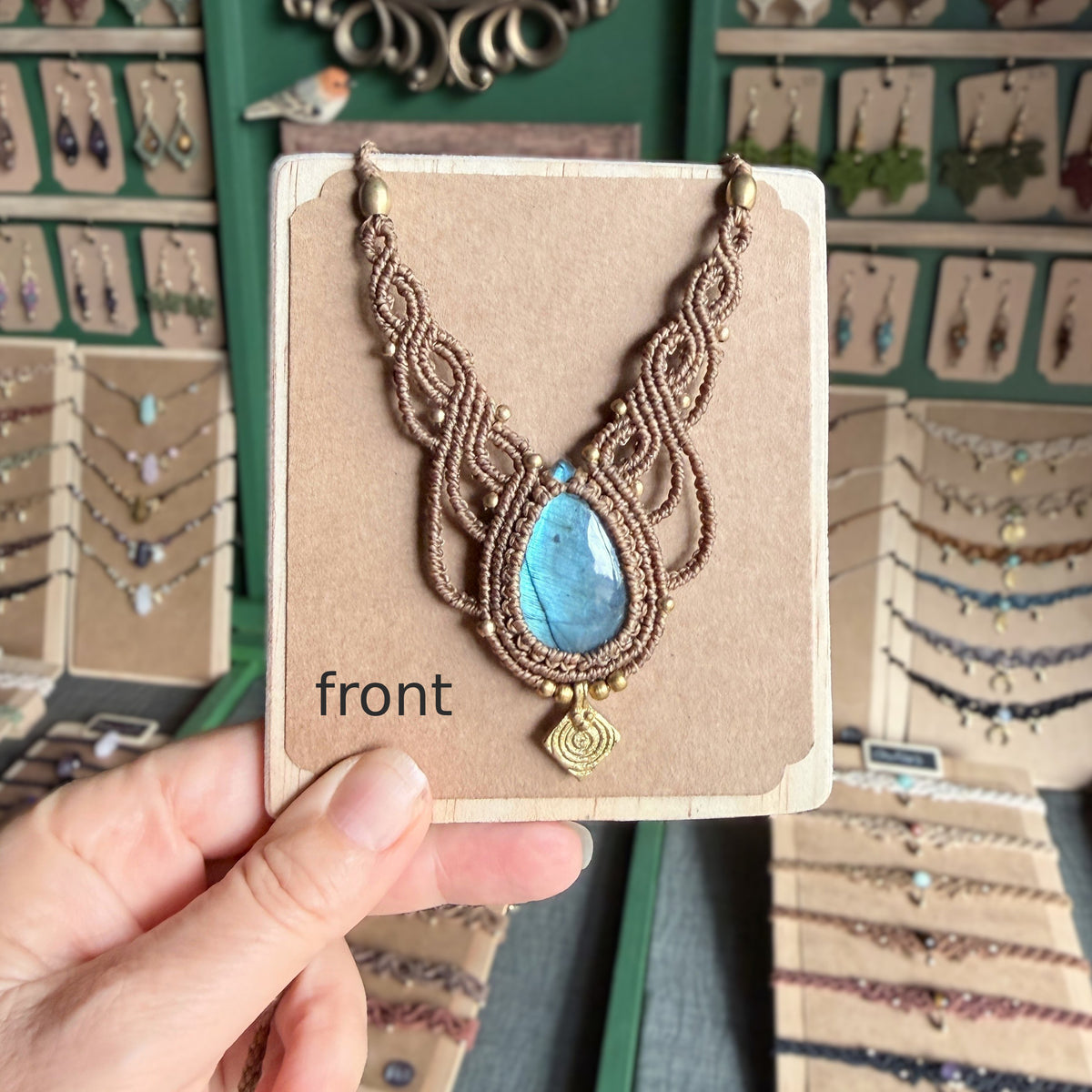 Macrame Labradorite Necklace with solid brass charm