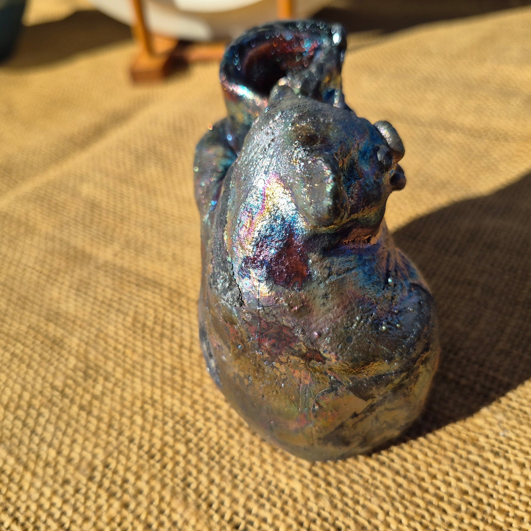 Raku Koala Sculpture: Blue Pink Silver Lustred Sculpture Poking Out His Tongue