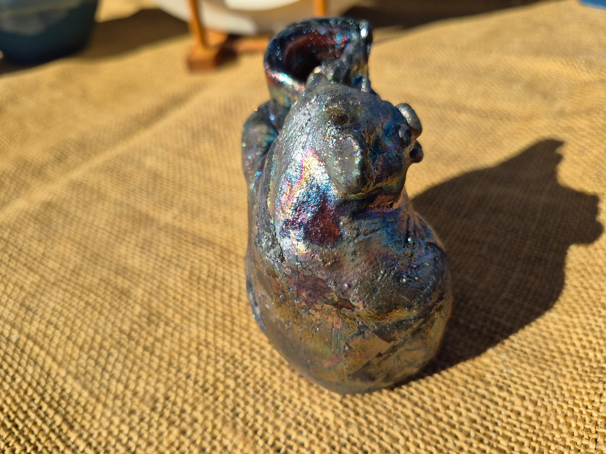 Raku Koala Sculpture: Blue Pink Silver Lustred Sculpture Poking Out His Tongue
