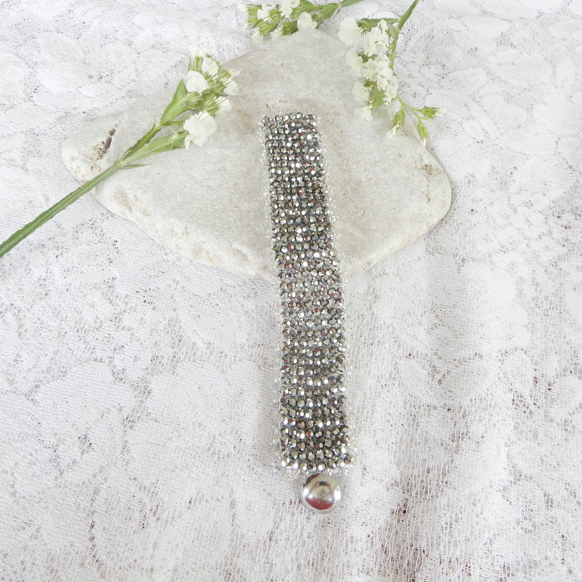 Silver and Crystal Hand Beaded Bracelet
