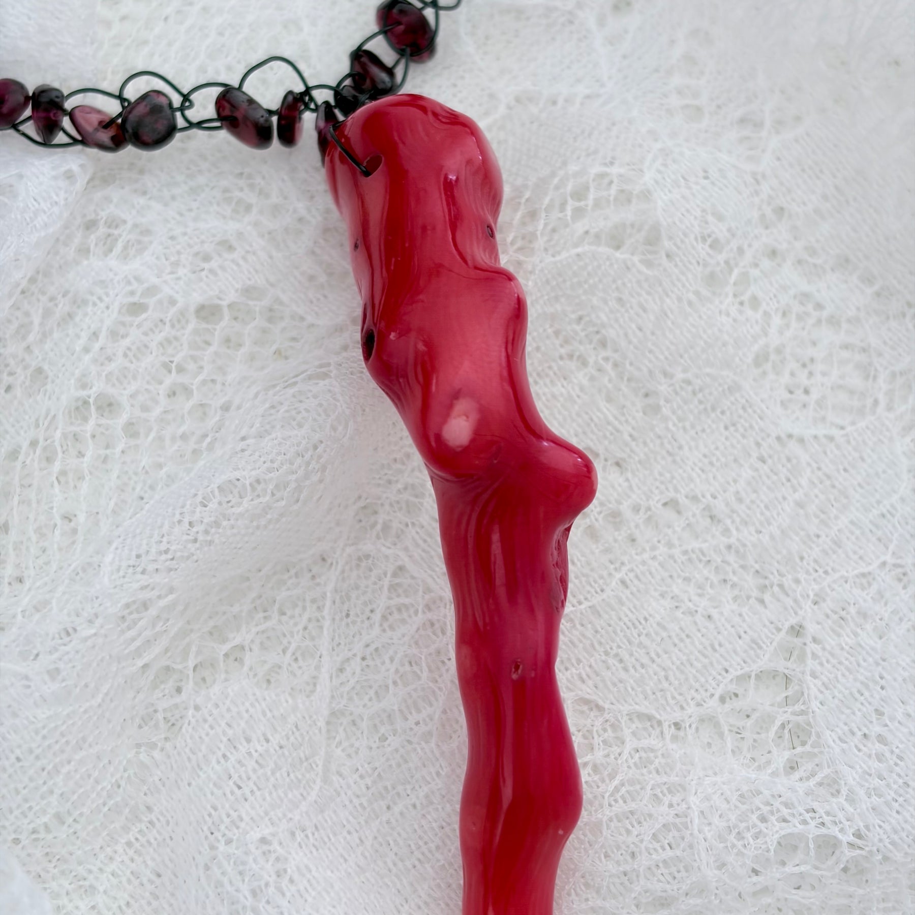 “Rouge Allure”- Red coral, garnet, and white pearls Necklace