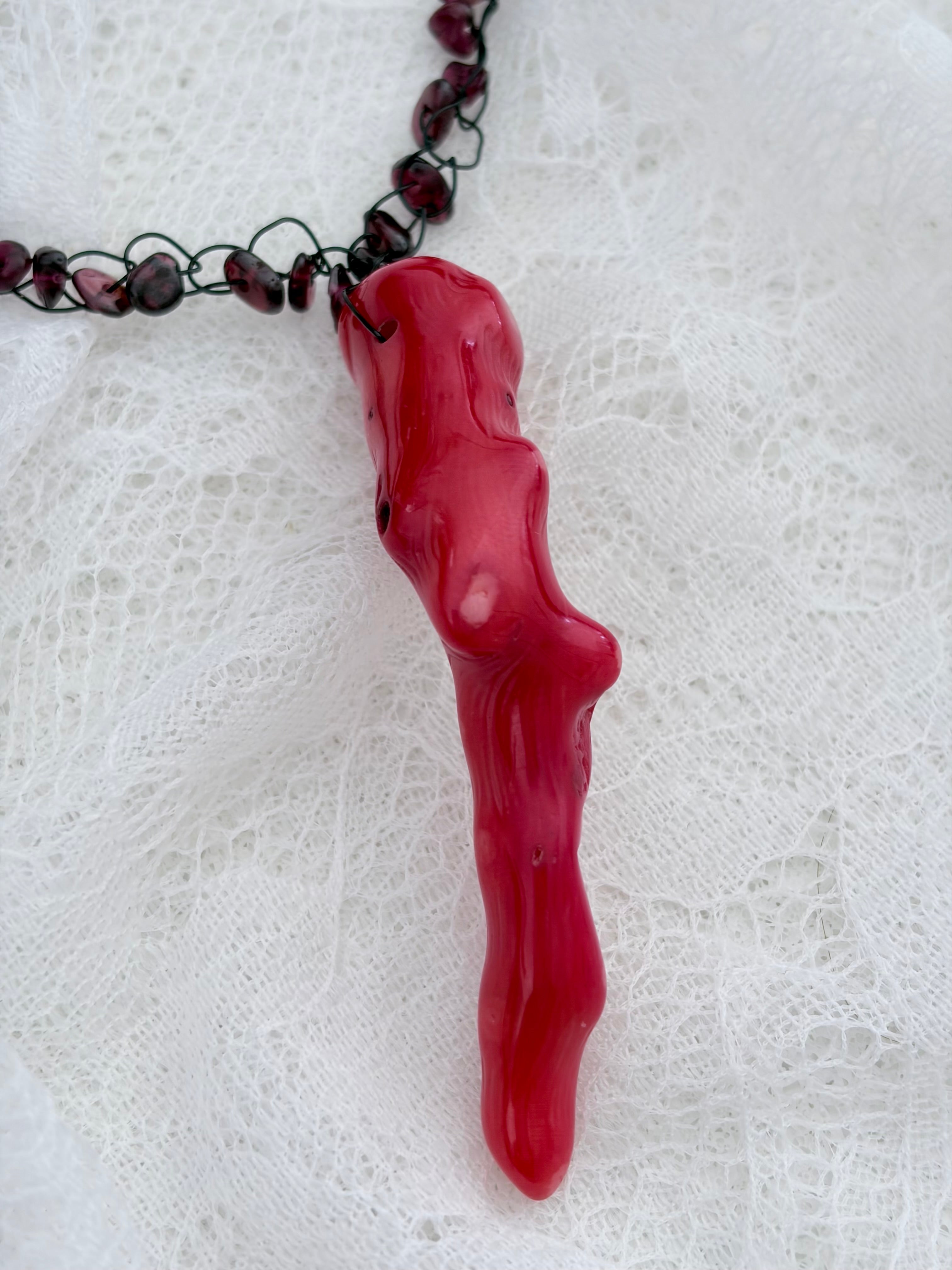 “Rouge Allure”- Red coral, garnet, and white pearls Necklace