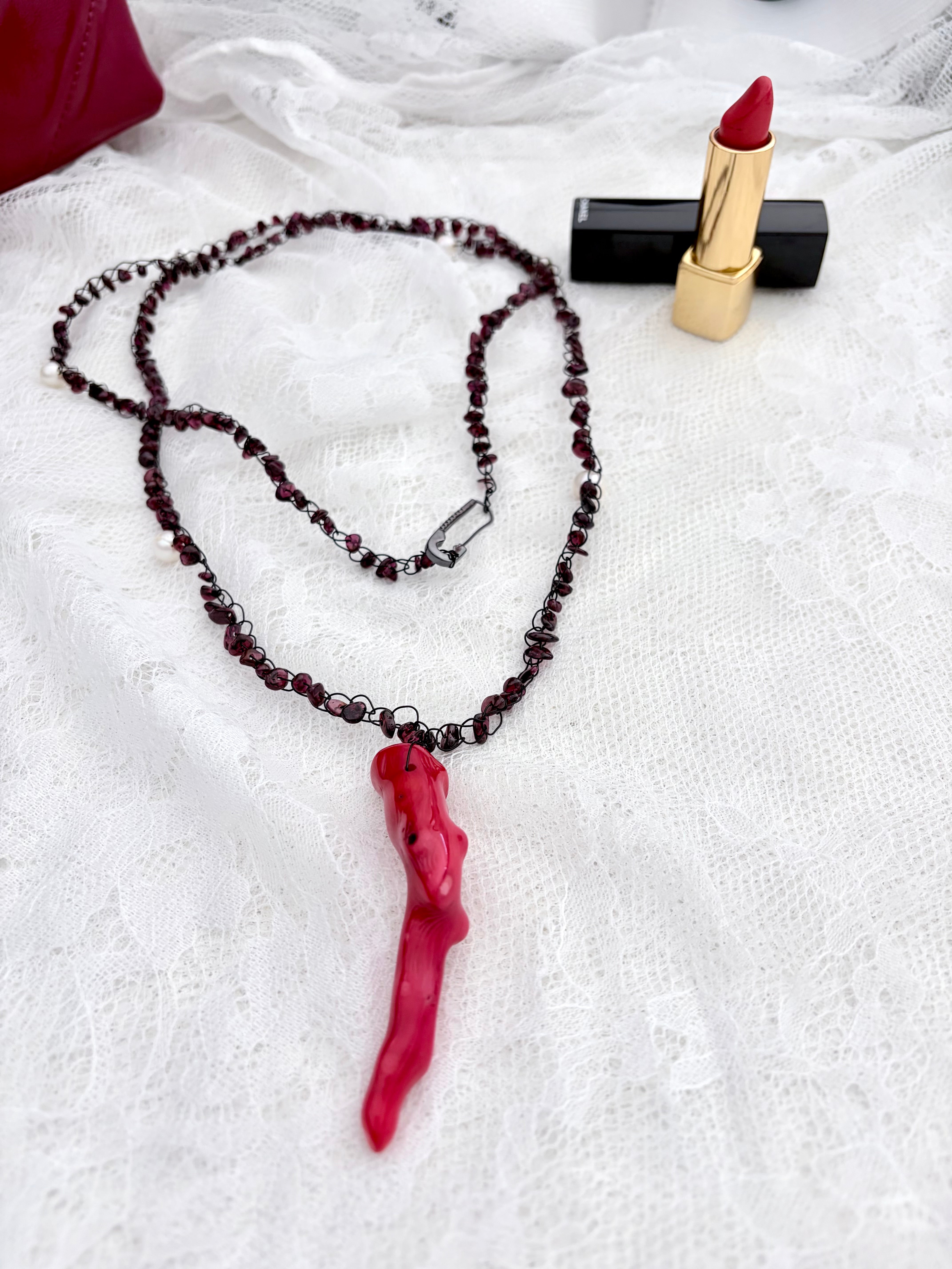 “Rouge Allure”- Red coral, garnet, and white pearls Necklace