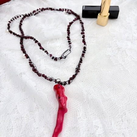 “Rouge Allure”- Red coral, garnet, and white pearls Necklace