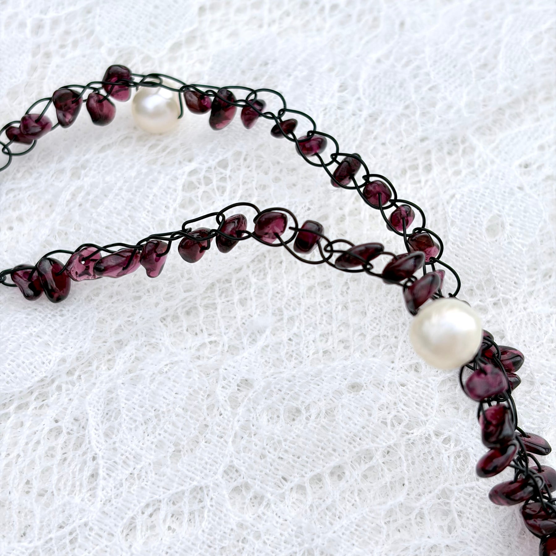 “Rouge Allure”- Red coral, garnet, and white pearls Necklace