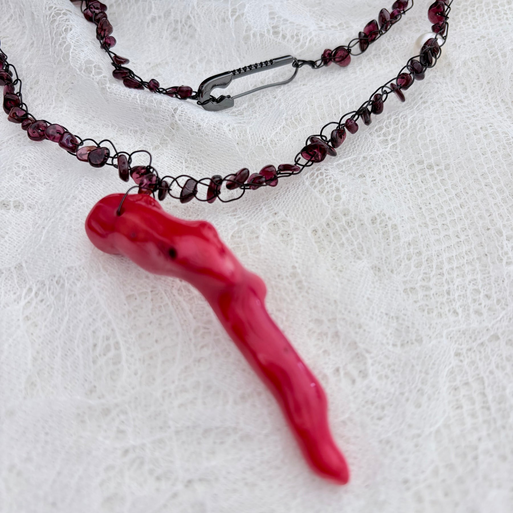 “Rouge Allure”- Red coral, garnet, and white pearls Necklace