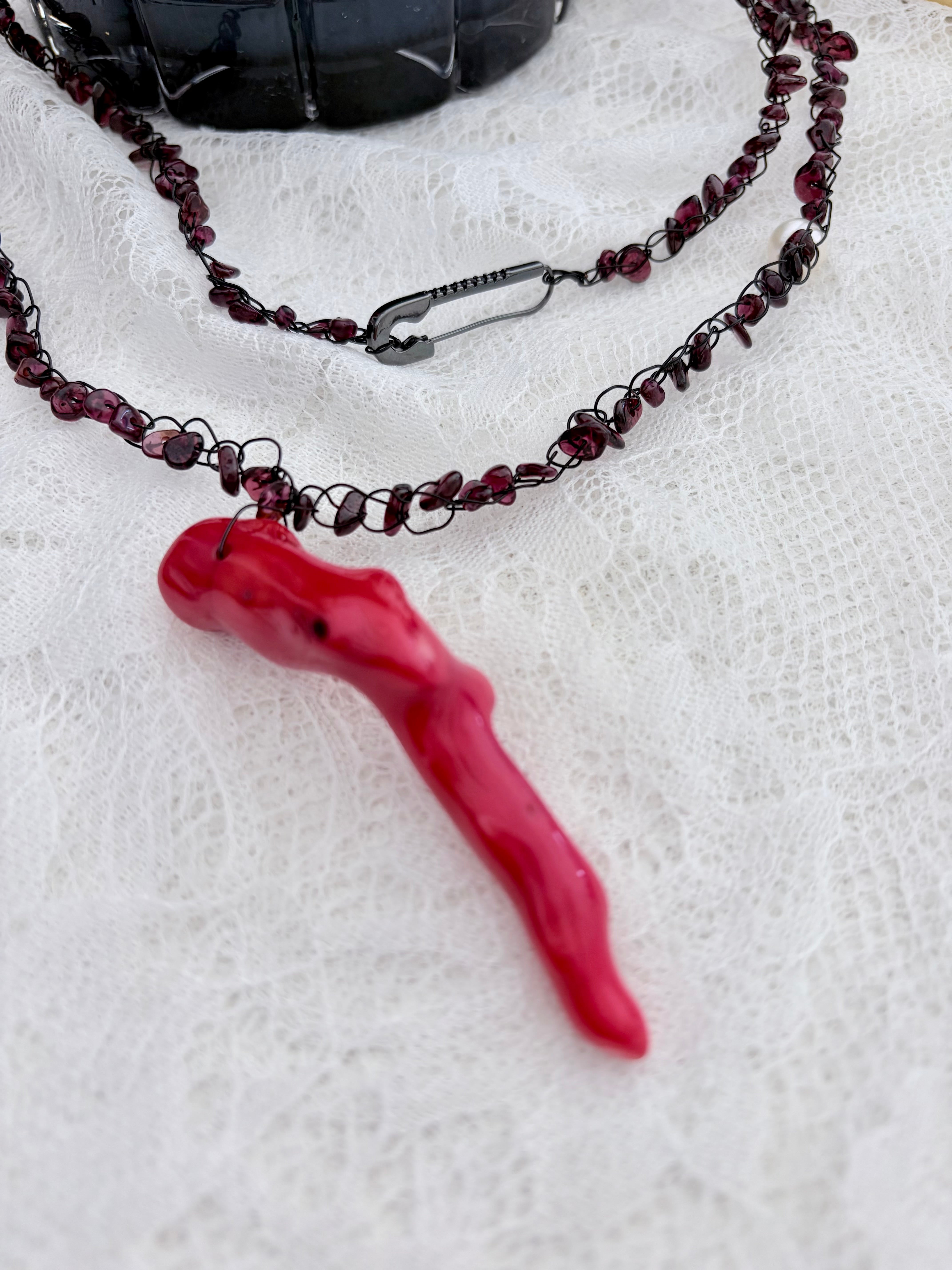 “Rouge Allure”- Red coral, garnet, and white pearls Necklace