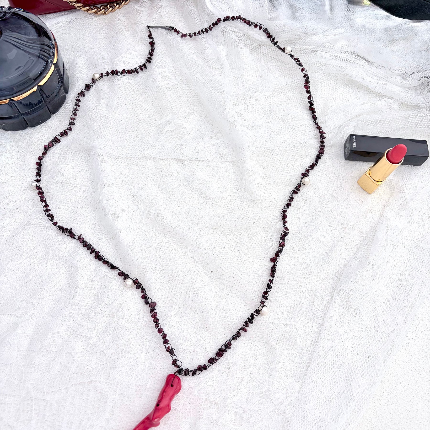 “Rouge Allure”- Red coral, garnet, and white pearls Necklace