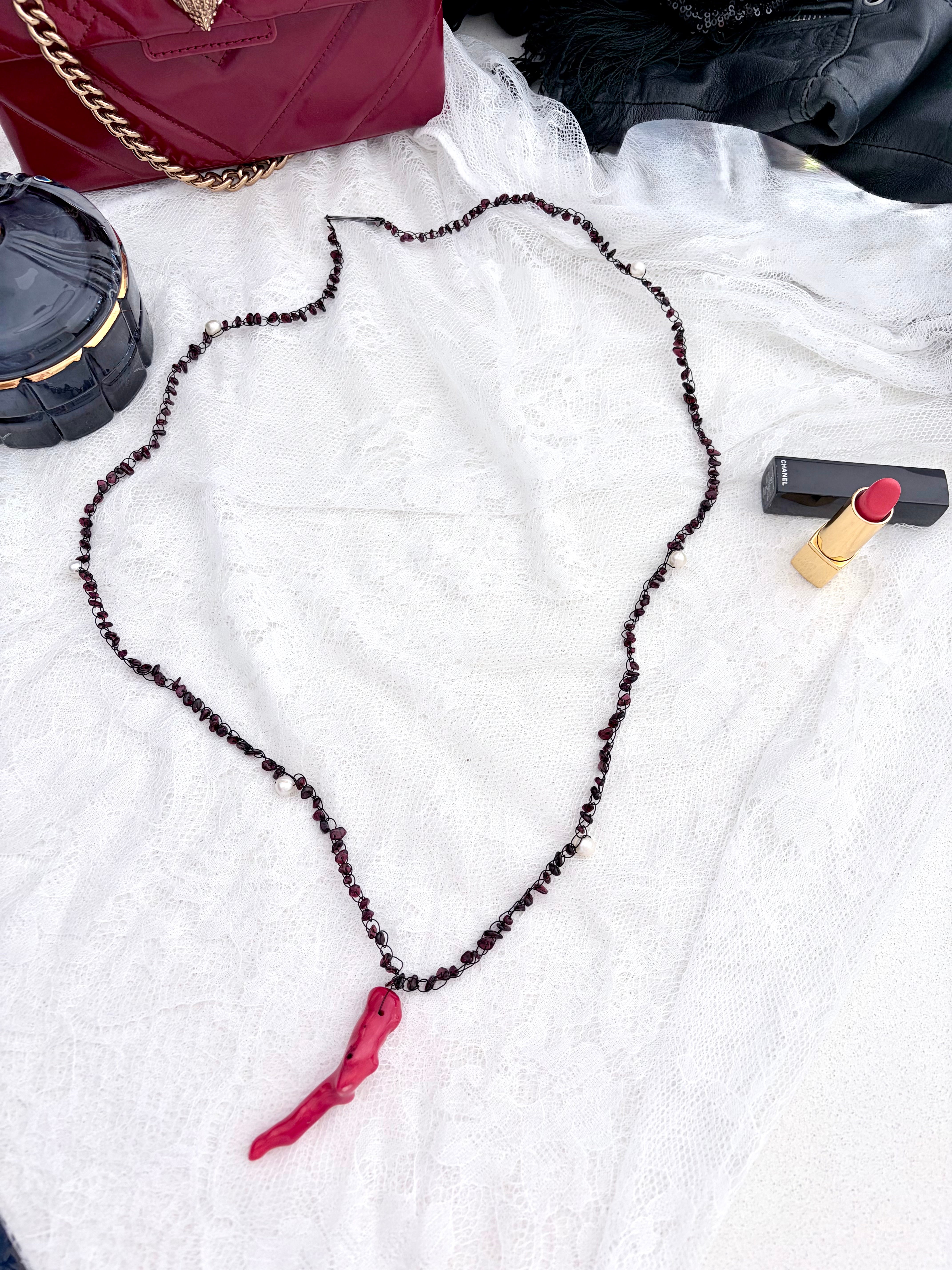 “Rouge Allure”- Red coral, garnet, and white pearls Necklace