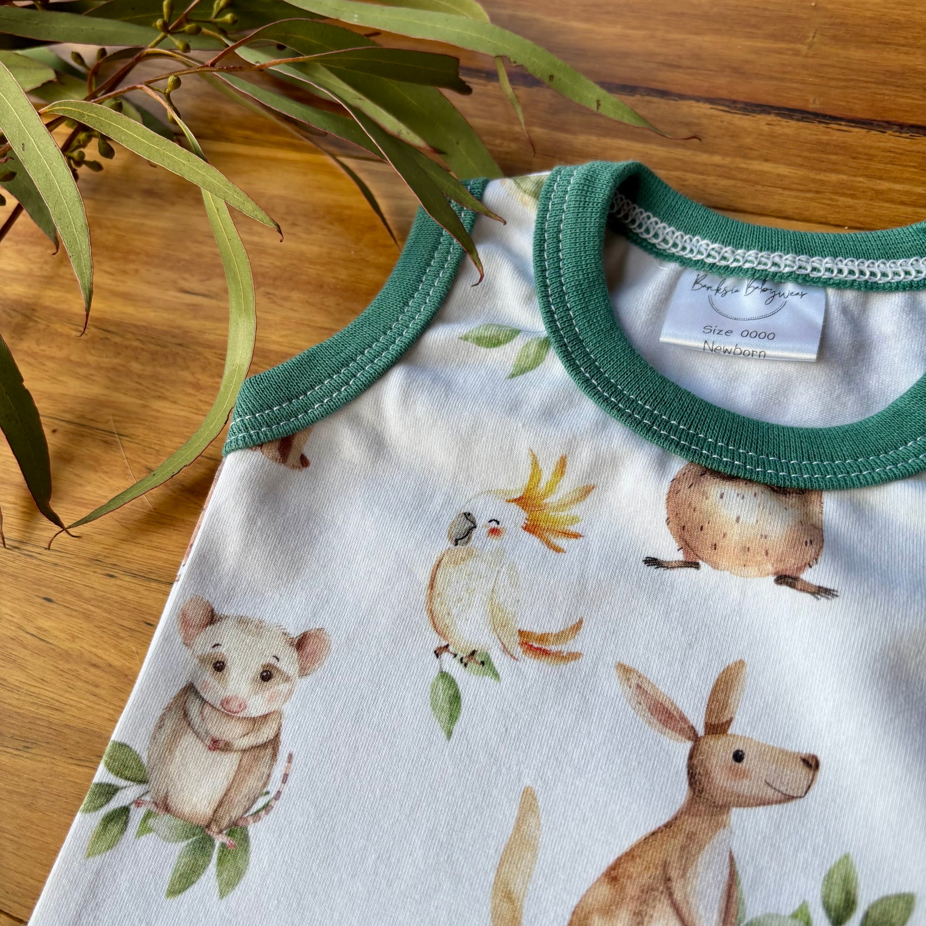 Baby Tank Bodysuit | Green Aussie Animals | Size premmie to 2 | Made to order