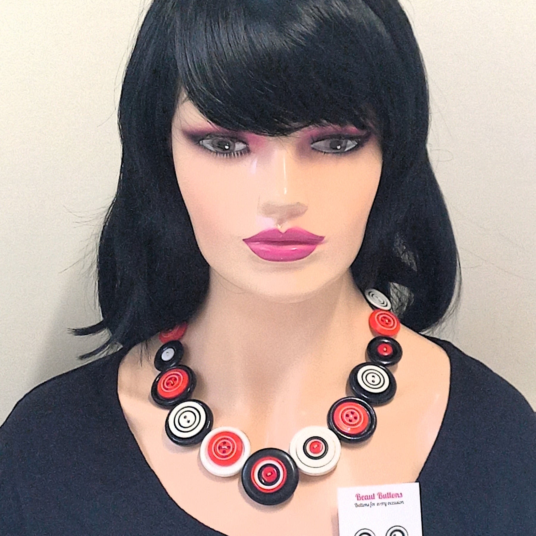 Red White Black Button Necklace and Earrings, Upcycled Jewelry Set