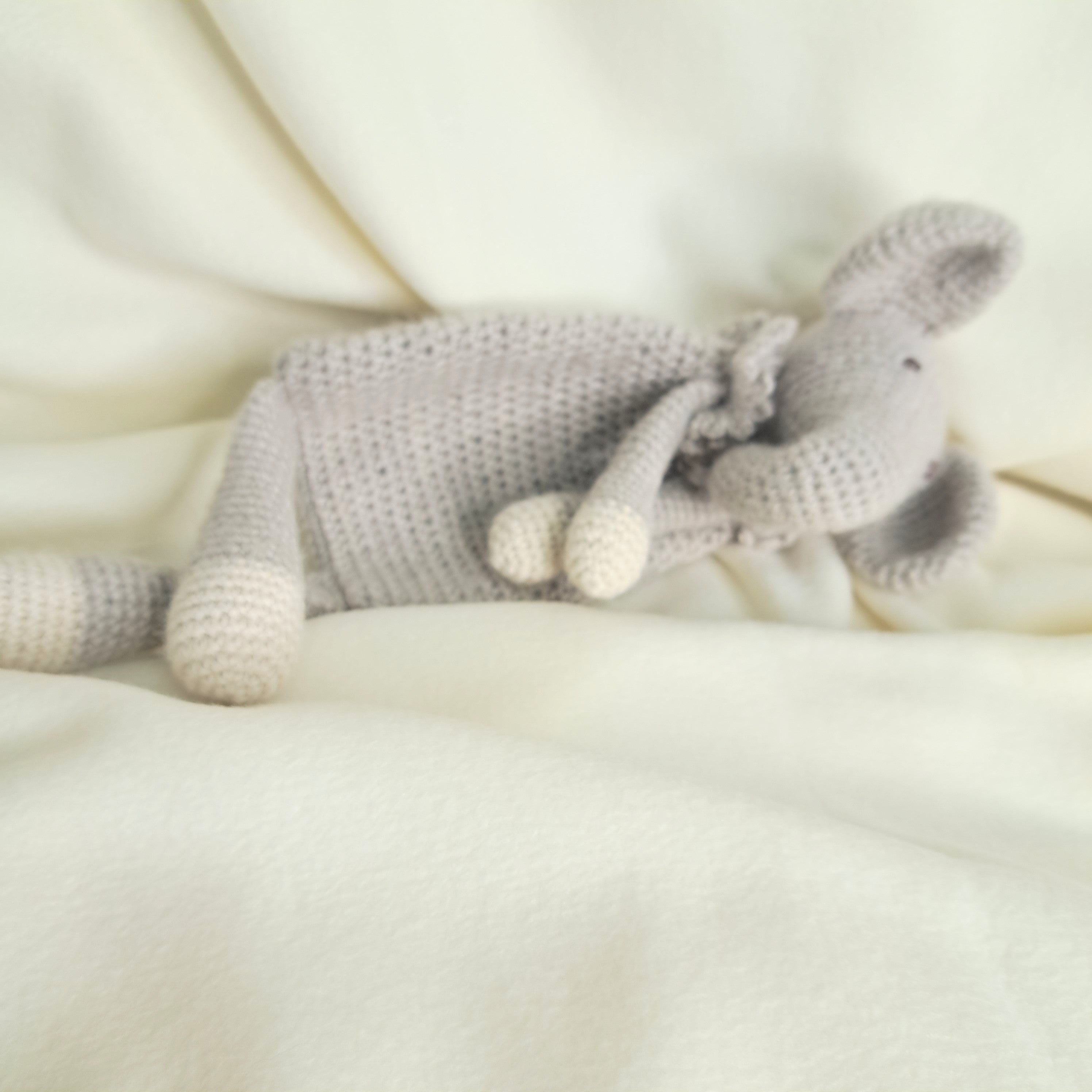 Handmade crochet elephant snuggler, Australian wool, alpaca,silk