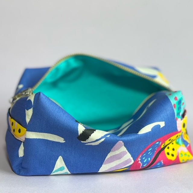 Blue, repurposed vintage fabric box POUCH