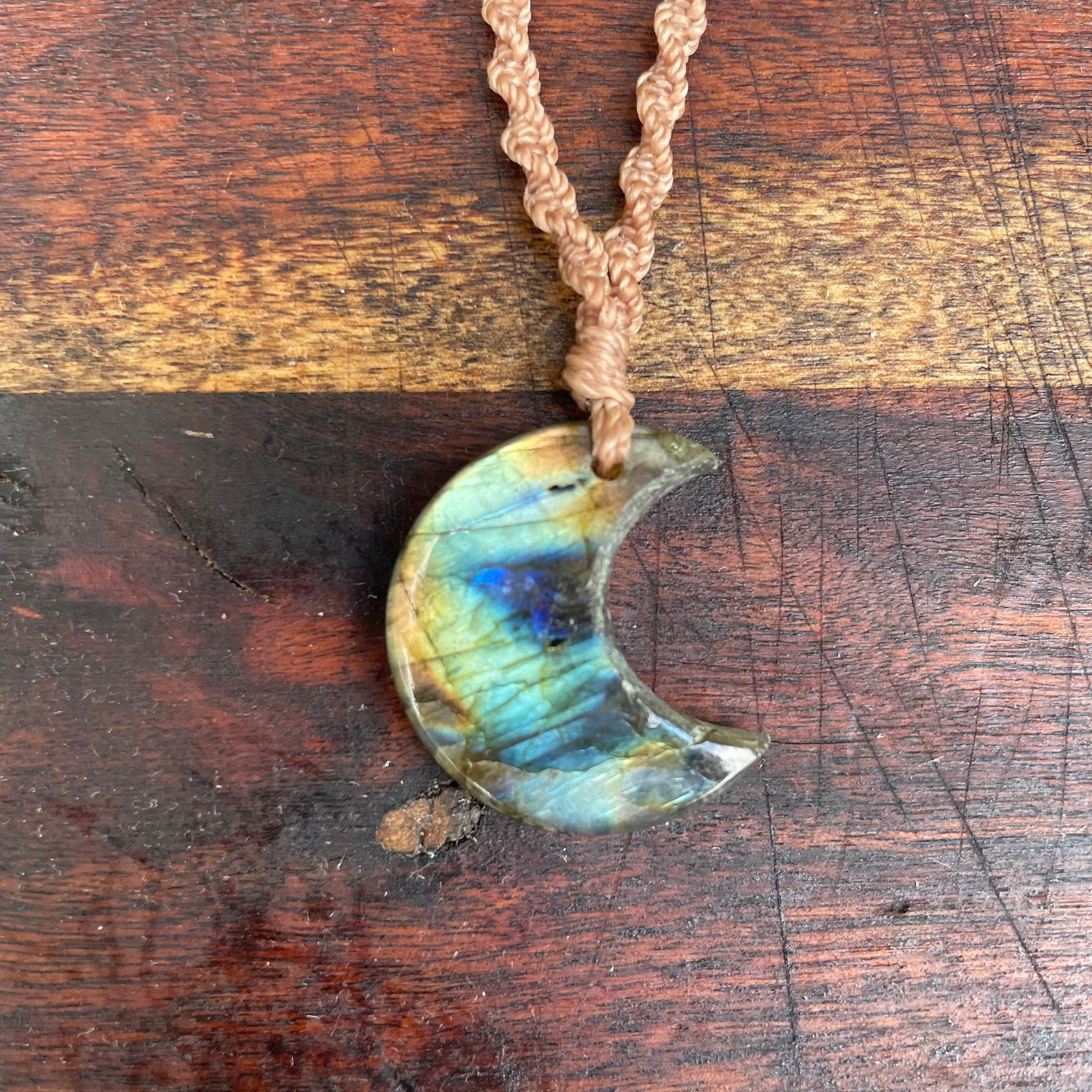 Labradorite Pendant: Crescent moon Beaded Macrame, Adjustable Boho Gift
