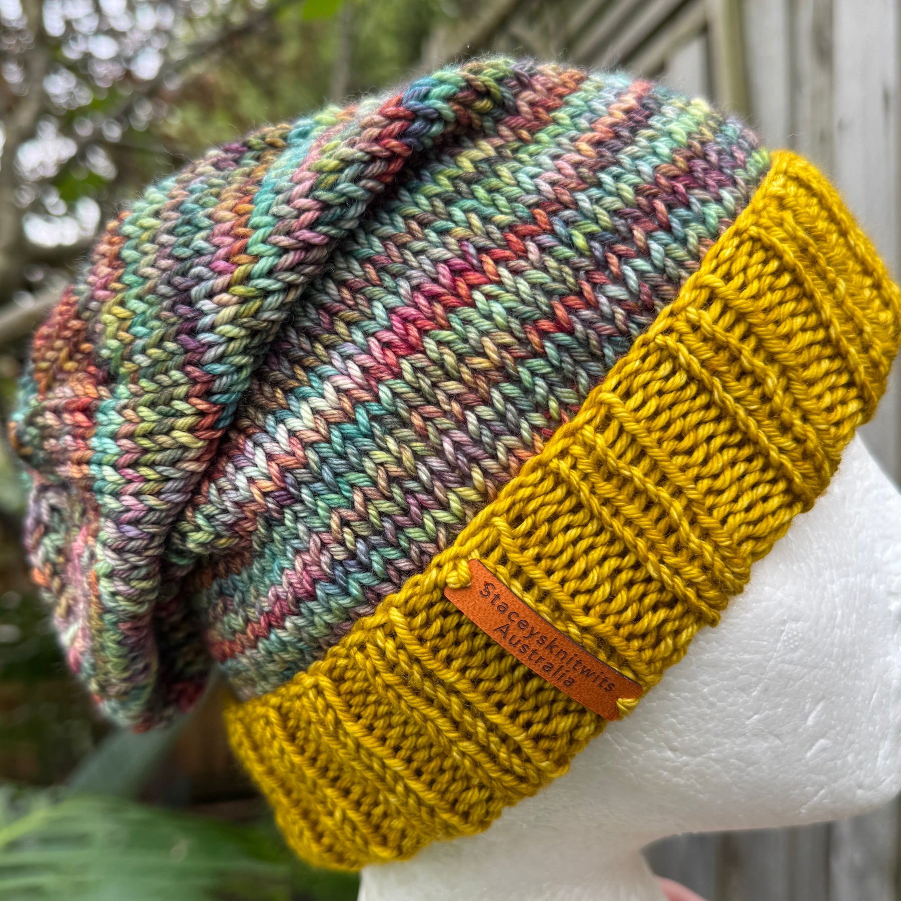 Merino Slouchy Beanie, Hand Knitted Mustard & Rainbow Slouchy